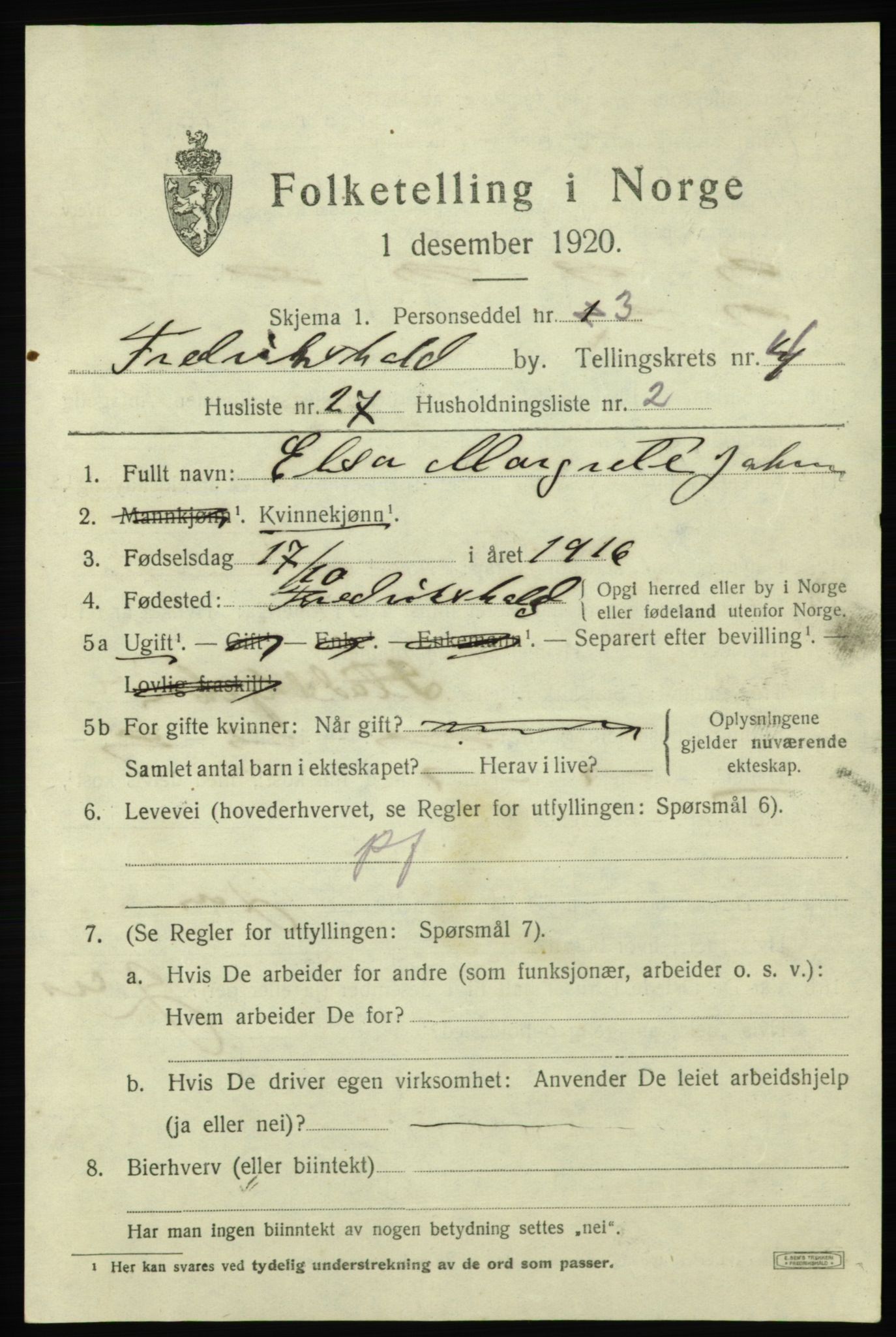 SAO, 1920 census for Fredrikshald, 1920, p. 11789