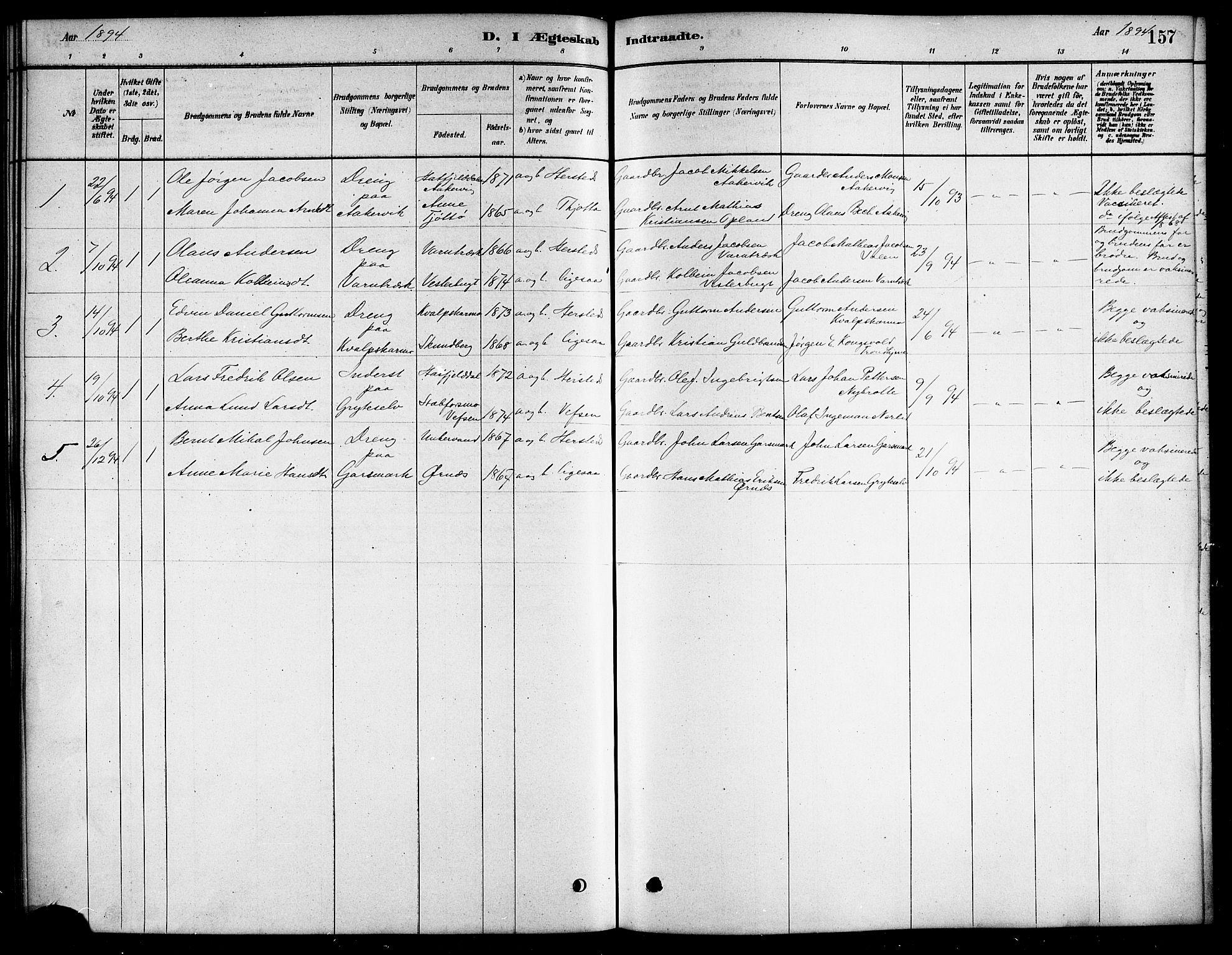 Ministerialprotokoller, klokkerbøker og fødselsregistre - Nordland, SAT/A-1459/823/L0330: Parish register (copy) no. 823C02, 1879-1916, p. 157
