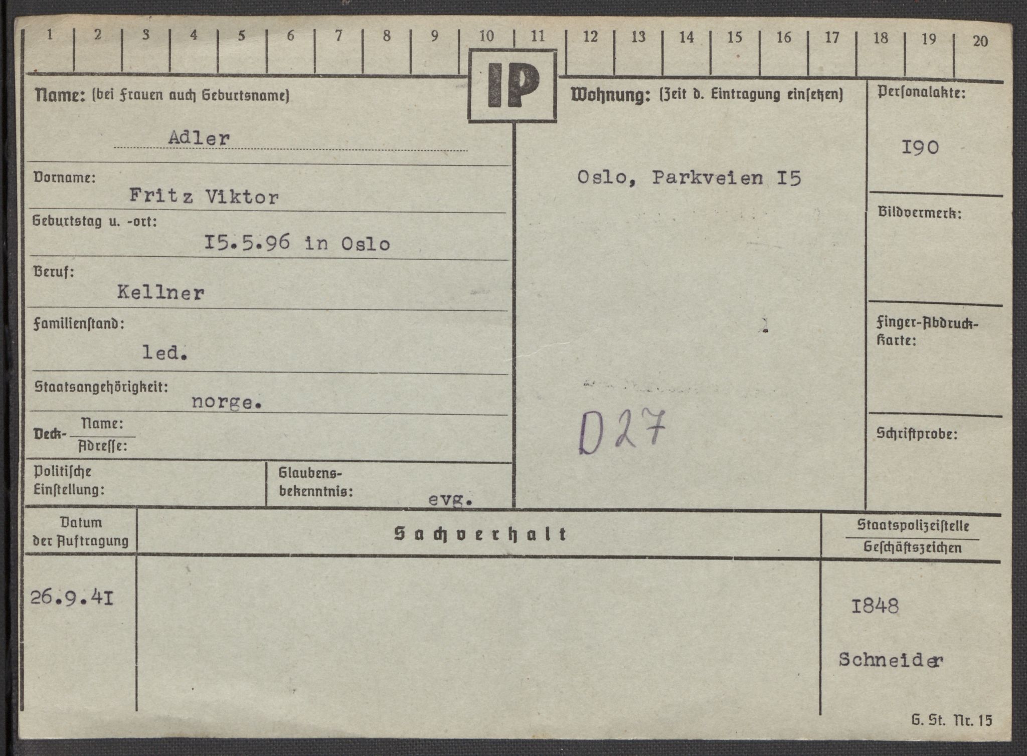 Befehlshaber der Sicherheitspolizei und des SD, RA/RAFA-5969/E/Ea/Eaa/L0001: Register over norske fanger i Møllergata 19: A-Bj, 1940-1945, p. 30