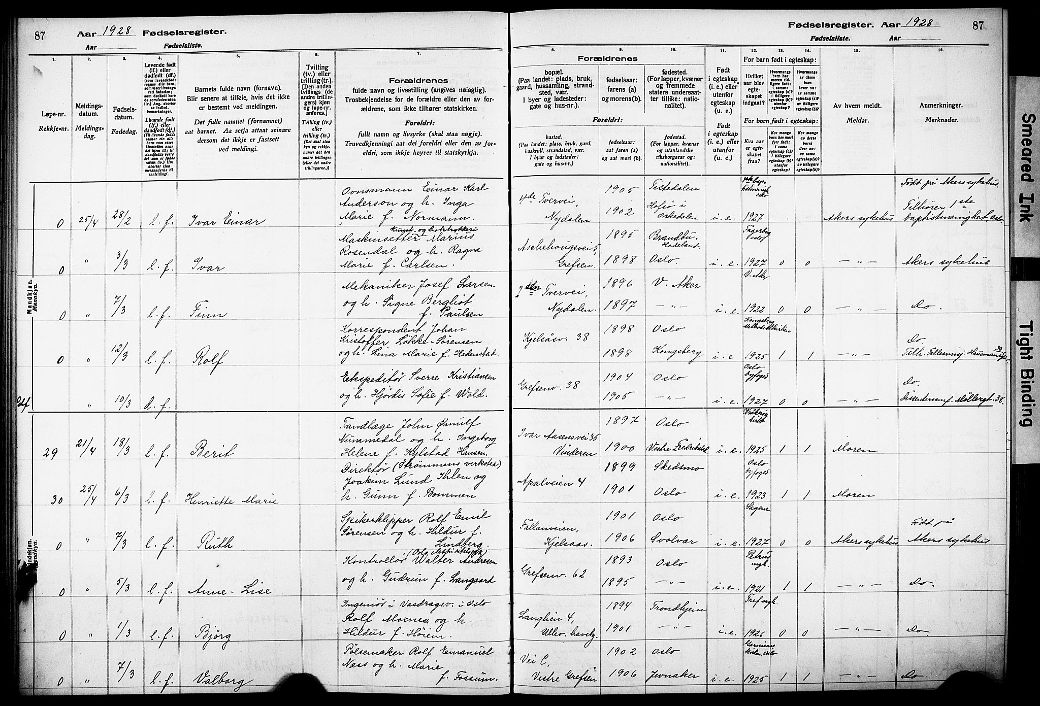 Vestre Aker prestekontor Kirkebøker, AV/SAO-A-10025/J/Ja/L0003: Birth register no. 3, 1926-1930, p. 87