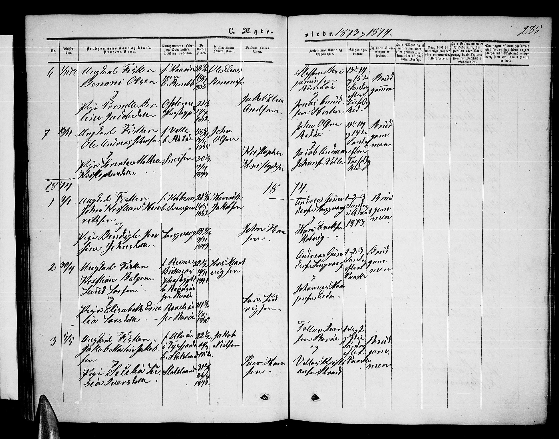 Ministerialprotokoller, klokkerbøker og fødselsregistre - Nordland, AV/SAT-A-1459/872/L1046: Parish register (copy) no. 872C02, 1852-1879, p. 285