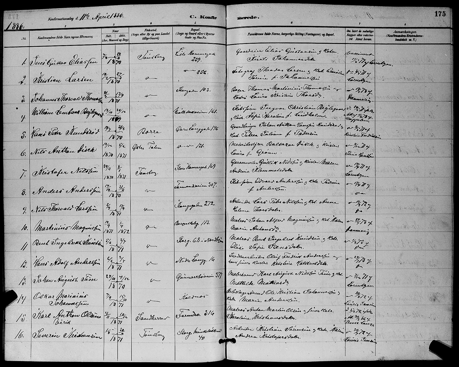 Tønsberg kirkebøker, AV/SAKO-A-330/G/Ga/L0006: Parish register (copy) no. 6, 1885-1895, p. 175