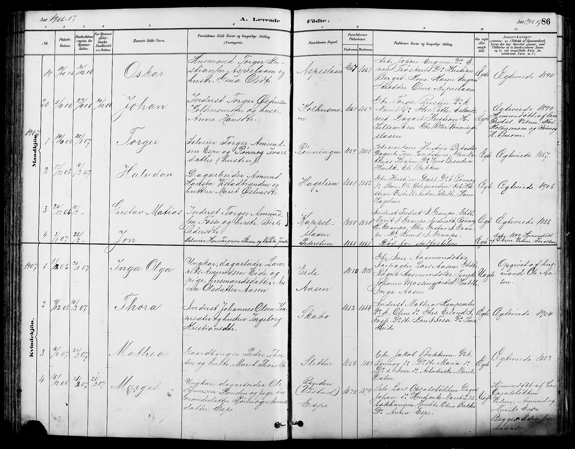 Nord-Fron prestekontor, SAH/PREST-080/H/Ha/Hab/L0005: Parish register (copy) no. 5, 1884-1914, p. 86