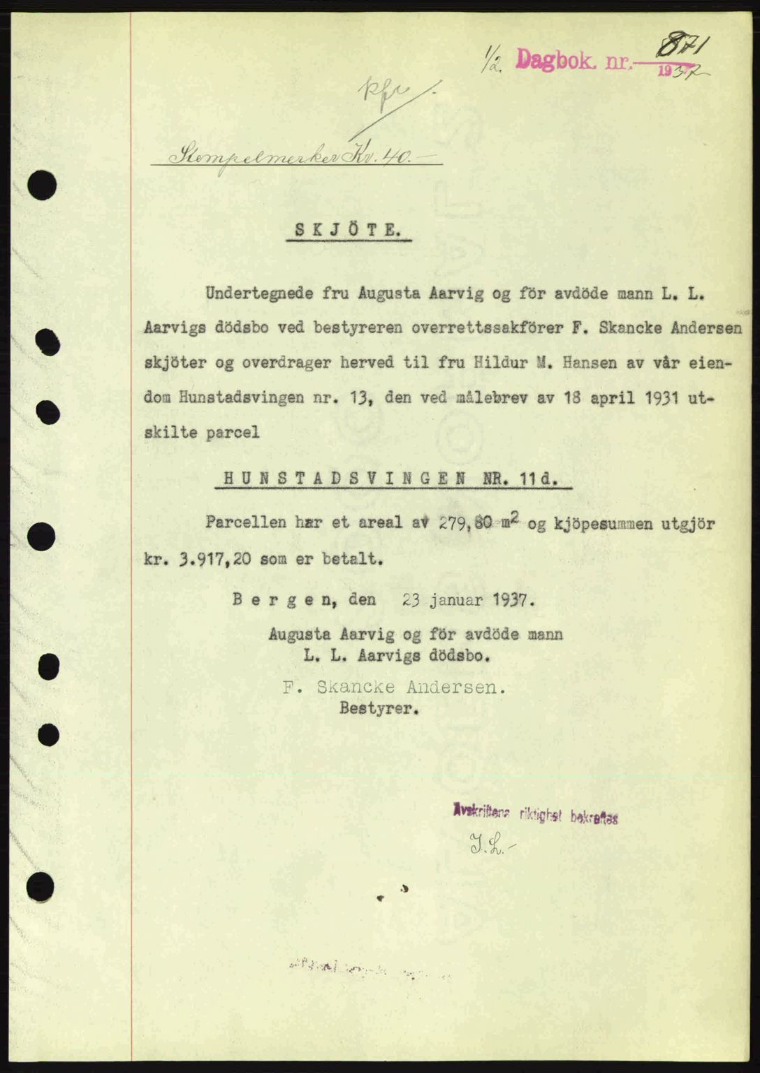 Byfogd og Byskriver i Bergen, SAB/A-3401/03/03Bc/L0004: Mortgage book no. A3-4, 1936-1937, Diary no: : 871/1937