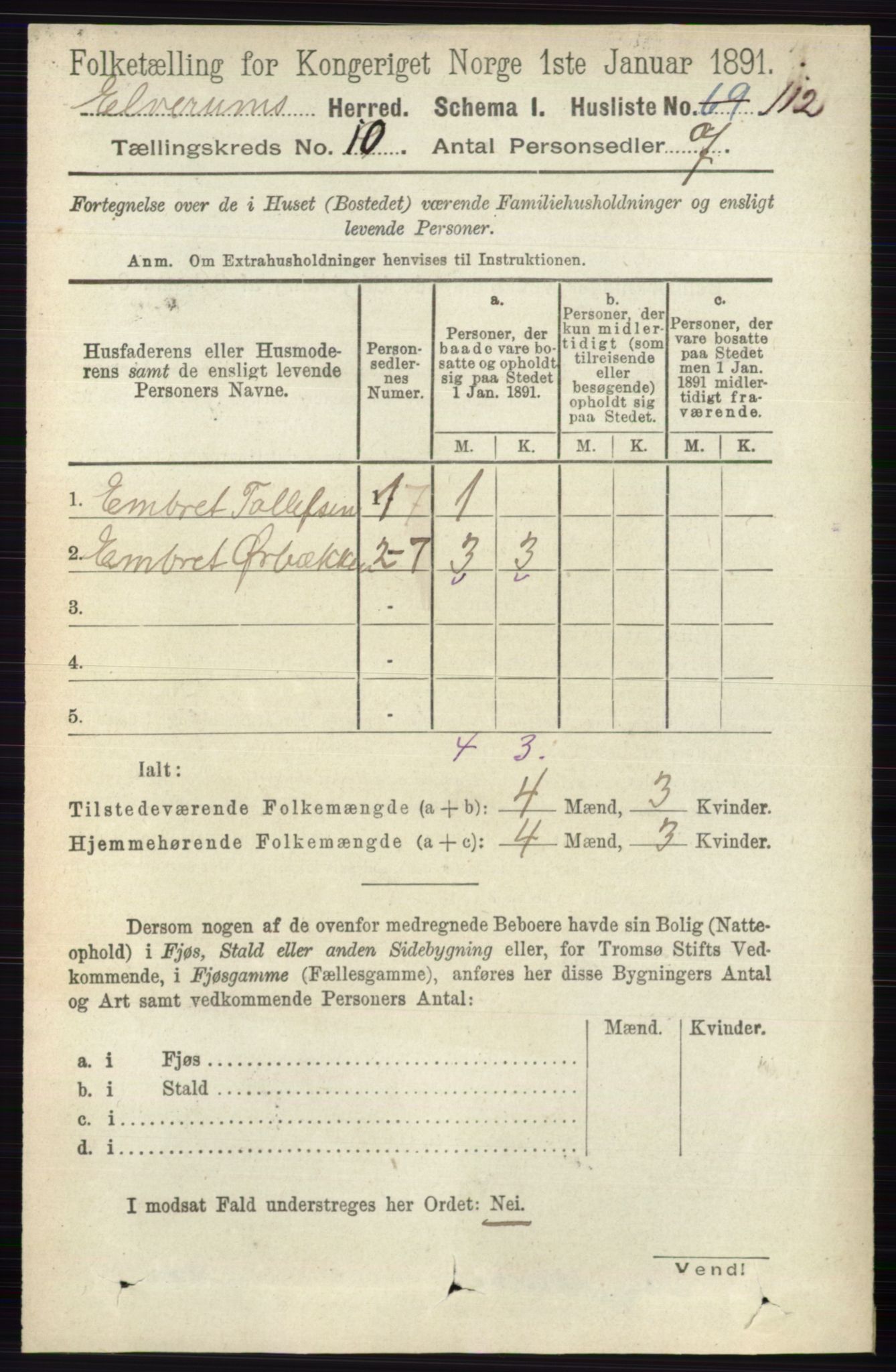 RA, 1891 census for 0427 Elverum, 1891, p. 8199