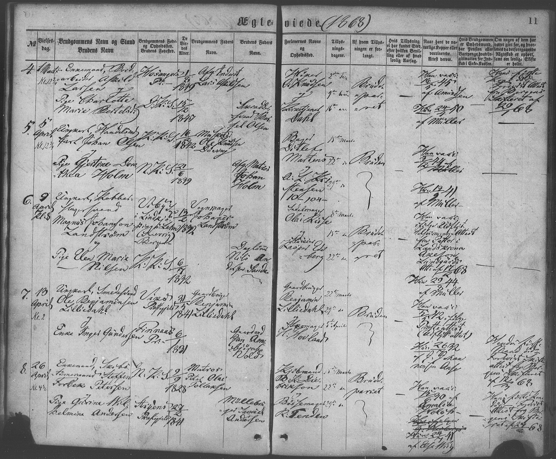 Korskirken sokneprestembete, AV/SAB-A-76101/H/Haa/L0036: Parish register (official) no. D 3, 1867-1882, p. 11