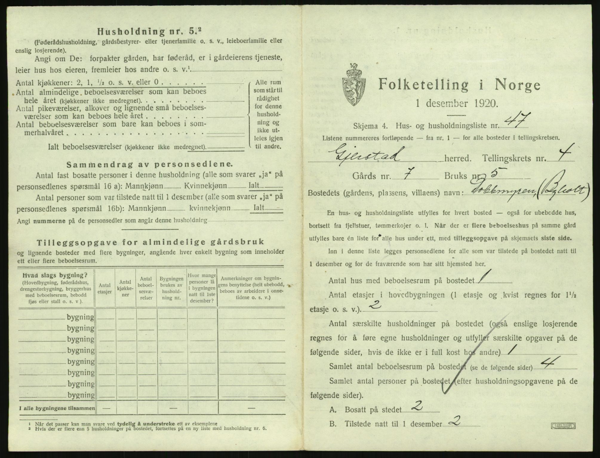 SAK, 1920 census for Gjerstad, 1920, p. 433