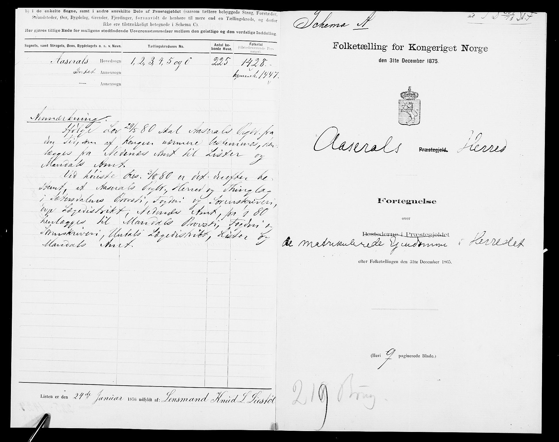 SAK, 1875 census for 0980P Åseral, 1875, p. 3