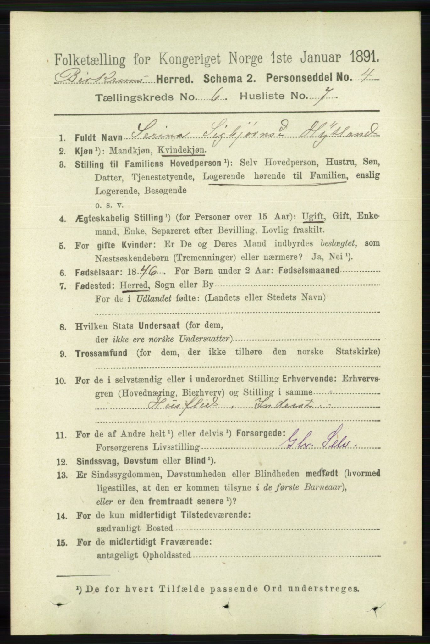 RA, 1891 census for 1114 Bjerkreim, 1891, p. 2111