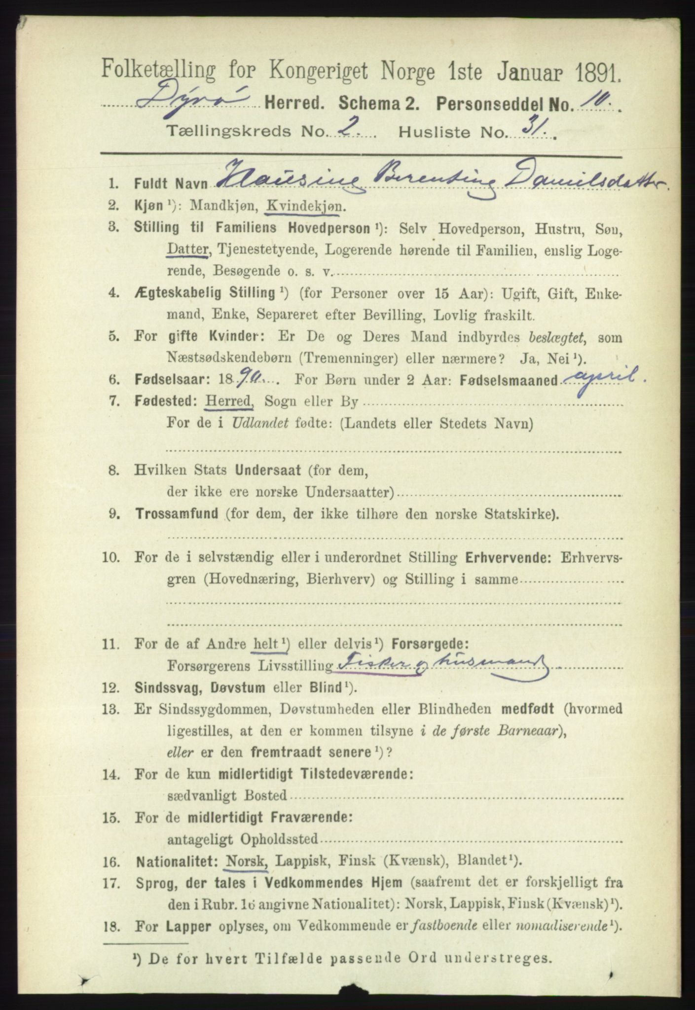 RA, 1891 census for 1926 Dyrøy, 1891, p. 761