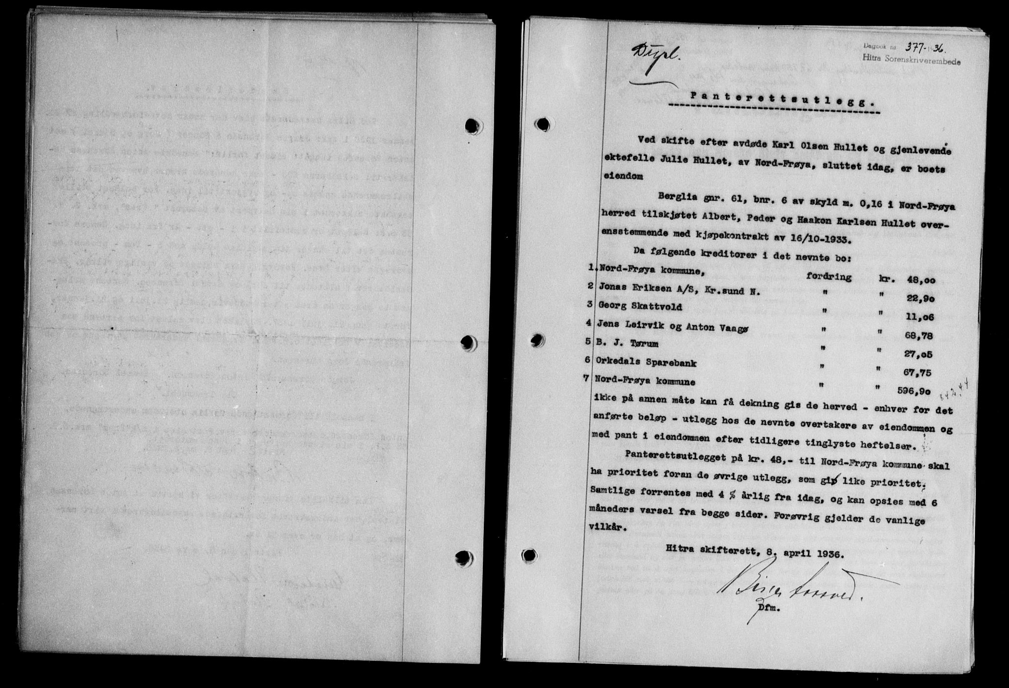 Hitra sorenskriveri, AV/SAT-A-0018/2/2C/2Ca/L0028: Mortgage book no. B-1, 1936-1939, Diary no: : 377/1936