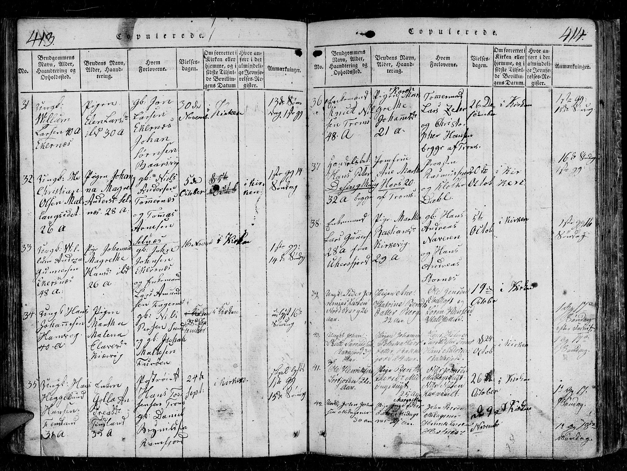 Tromsø sokneprestkontor/stiftsprosti/domprosti, AV/SATØ-S-1343/G/Gb/L0001klokker: Parish register (copy) no. 1, 1821-1833, p. 413-414