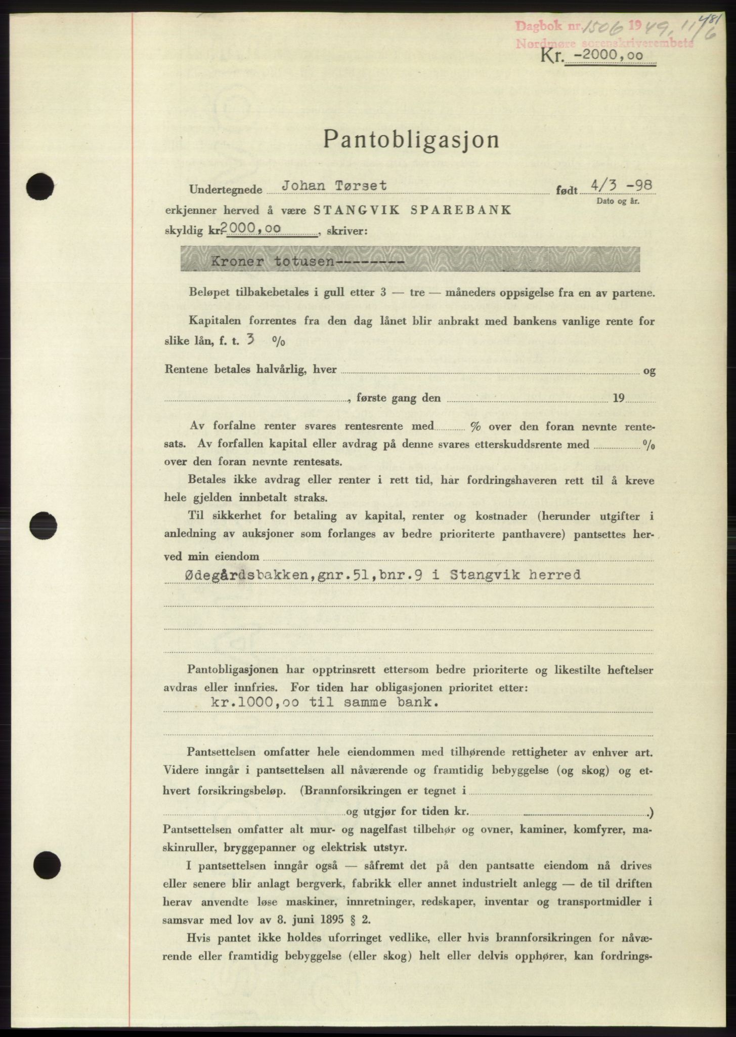 Nordmøre sorenskriveri, AV/SAT-A-4132/1/2/2Ca: Mortgage book no. B101, 1949-1949, Diary no: : 1506/1949