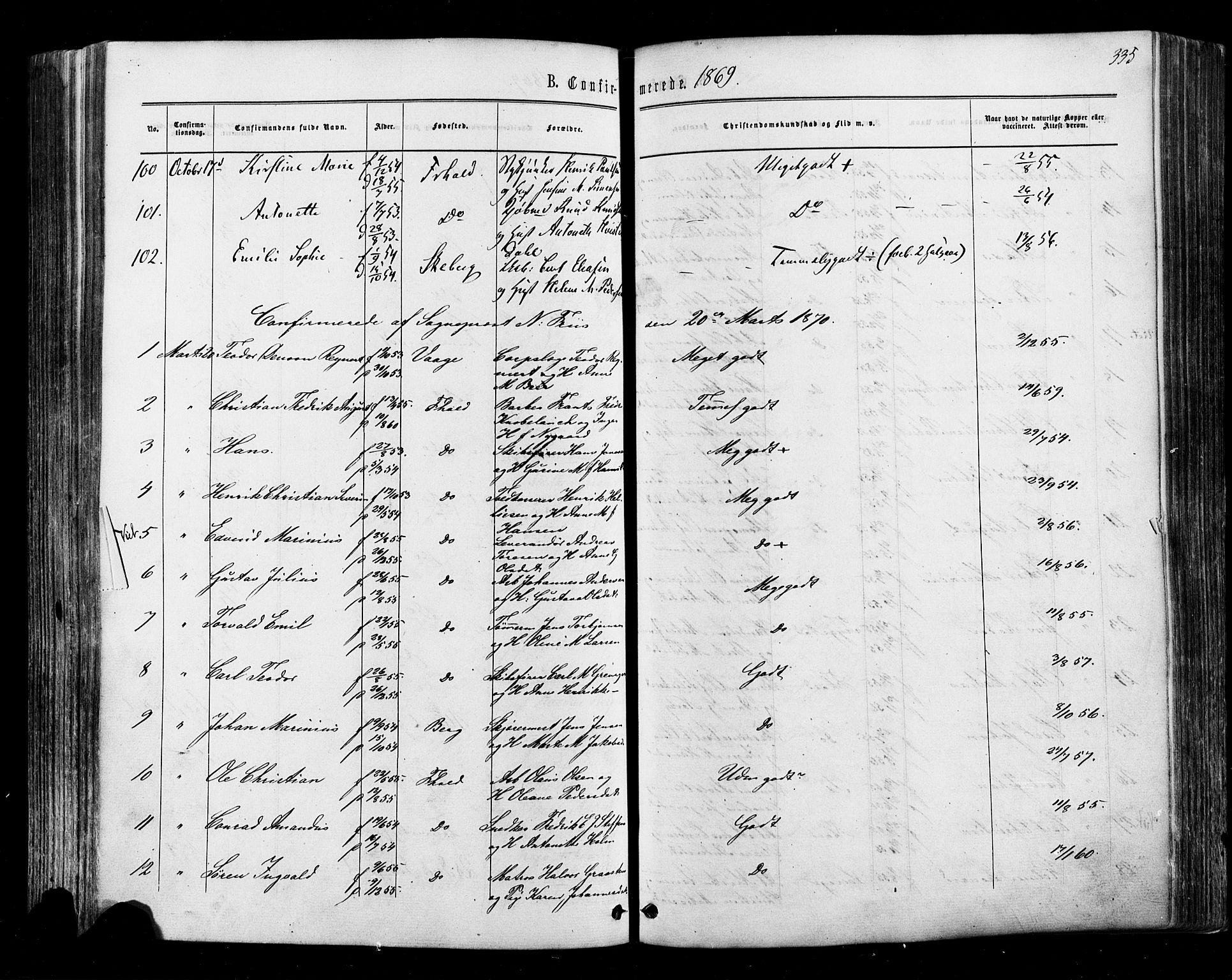 Halden prestekontor Kirkebøker, SAO/A-10909/F/Fa/L0009: Parish register (official) no. I 9, 1866-1877, p. 335