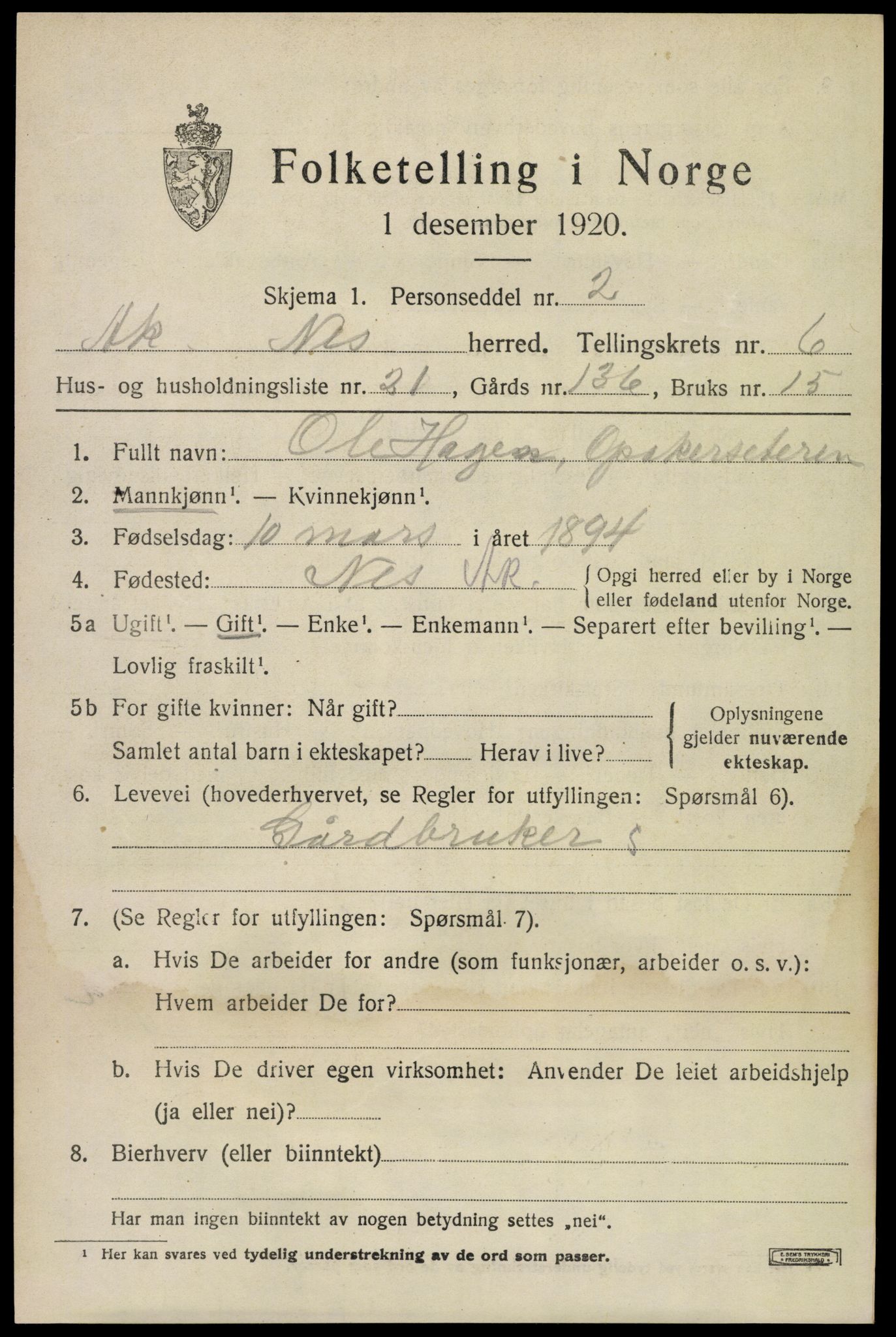 SAO, 1920 census for Nes, 1920, p. 7836