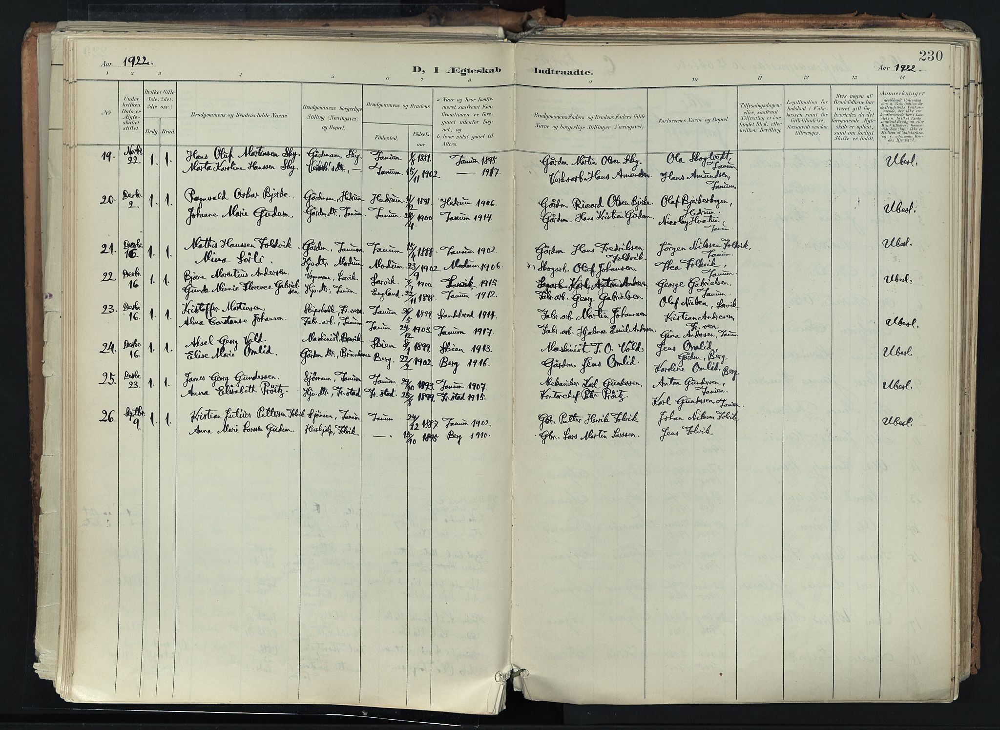 Brunlanes kirkebøker, AV/SAKO-A-342/F/Fc/L0003: Parish register (official) no. III 3, 1900-1922, p. 230