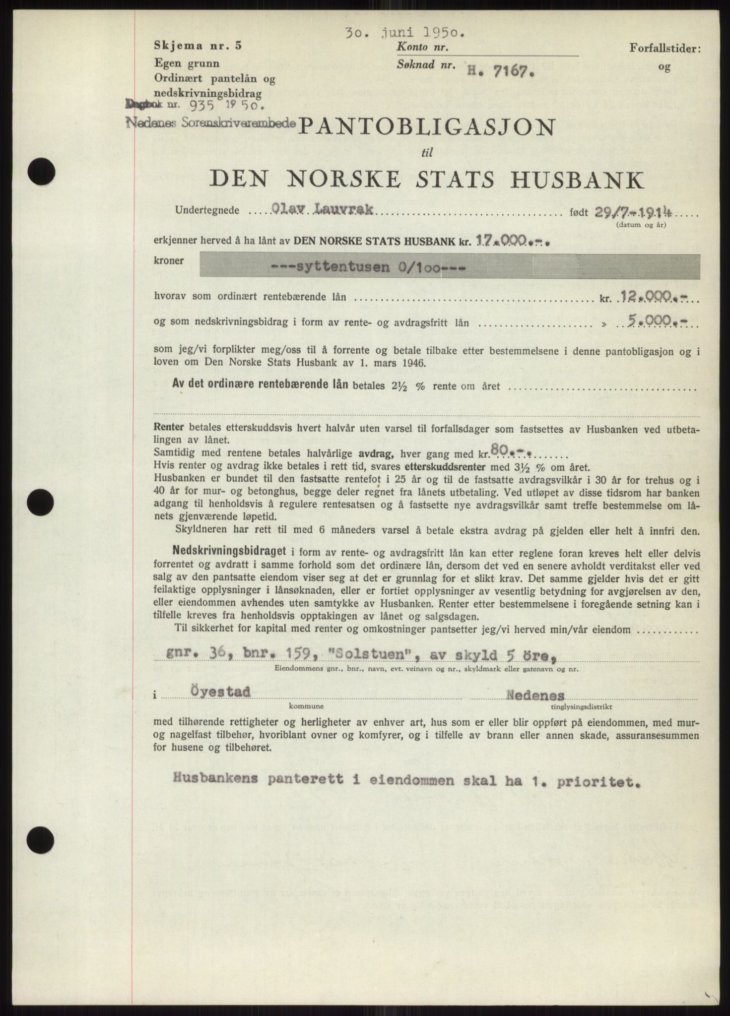 Nedenes sorenskriveri, AV/SAK-1221-0006/G/Gb/Gbb/L0007: Mortgage book no. B7, 1949-1950, Diary no: : 935/1950