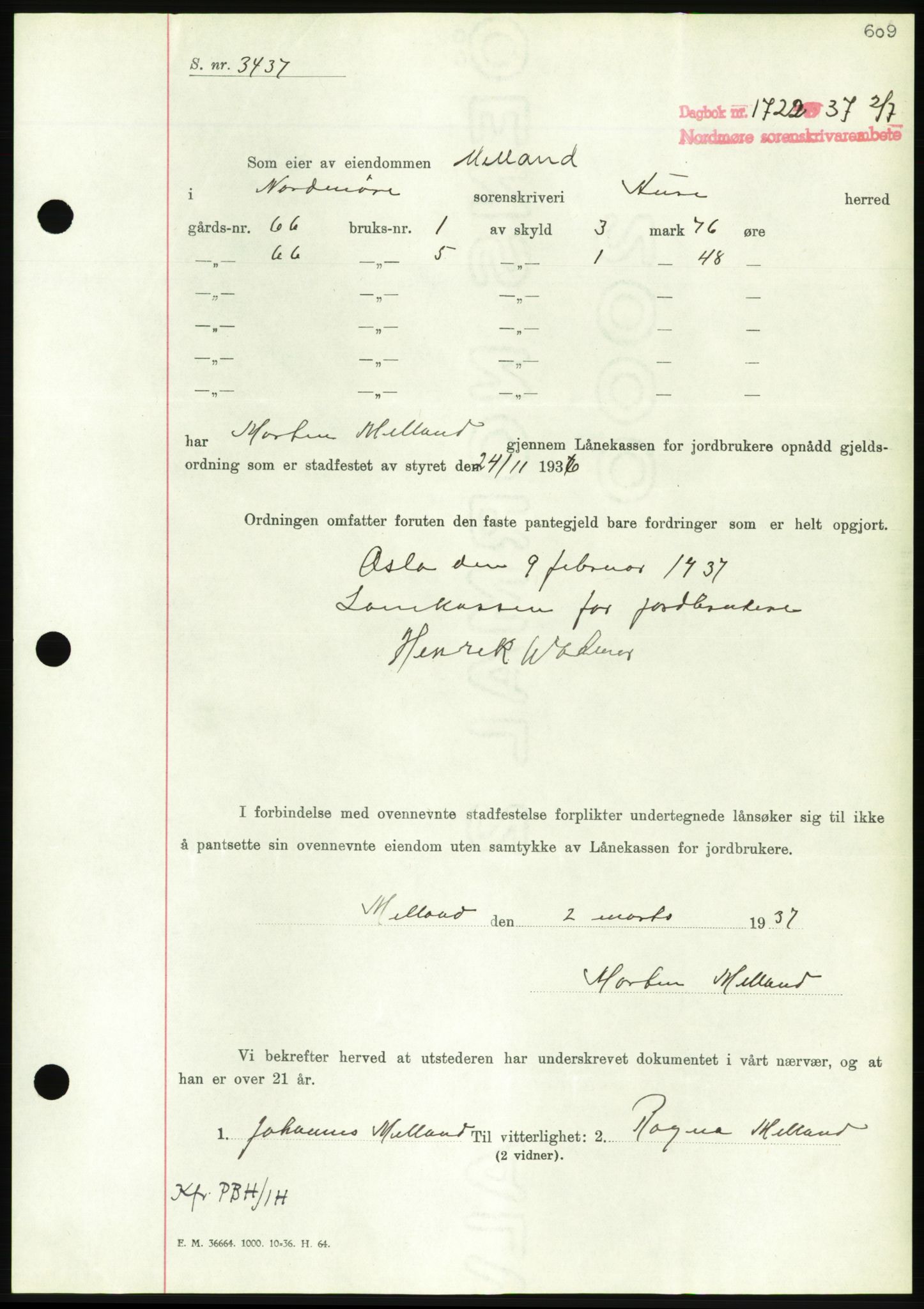 Nordmøre sorenskriveri, AV/SAT-A-4132/1/2/2Ca/L0091: Mortgage book no. B81, 1937-1937, Diary no: : 1722/1937