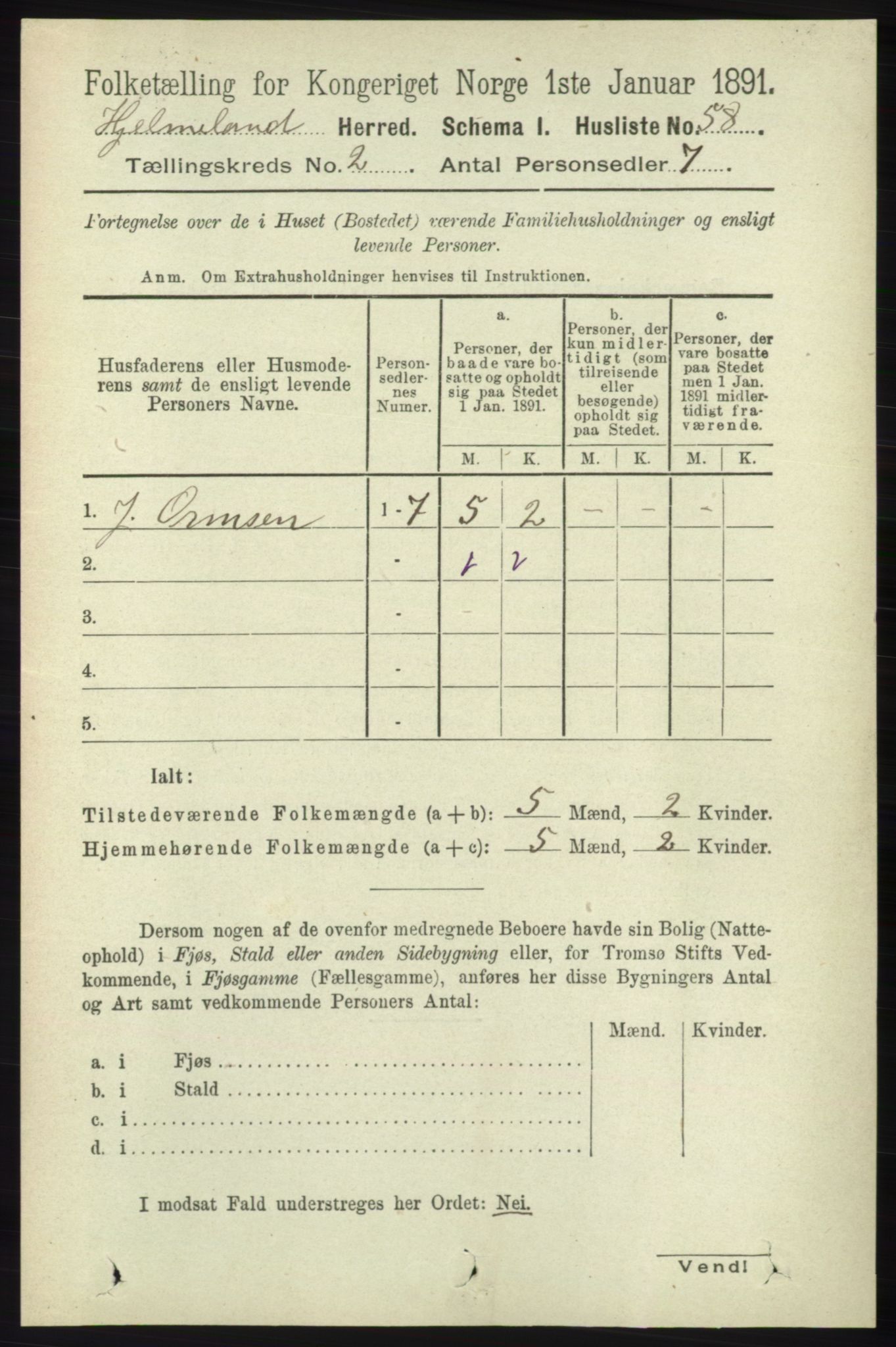 RA, 1891 census for 1133 Hjelmeland, 1891, p. 377