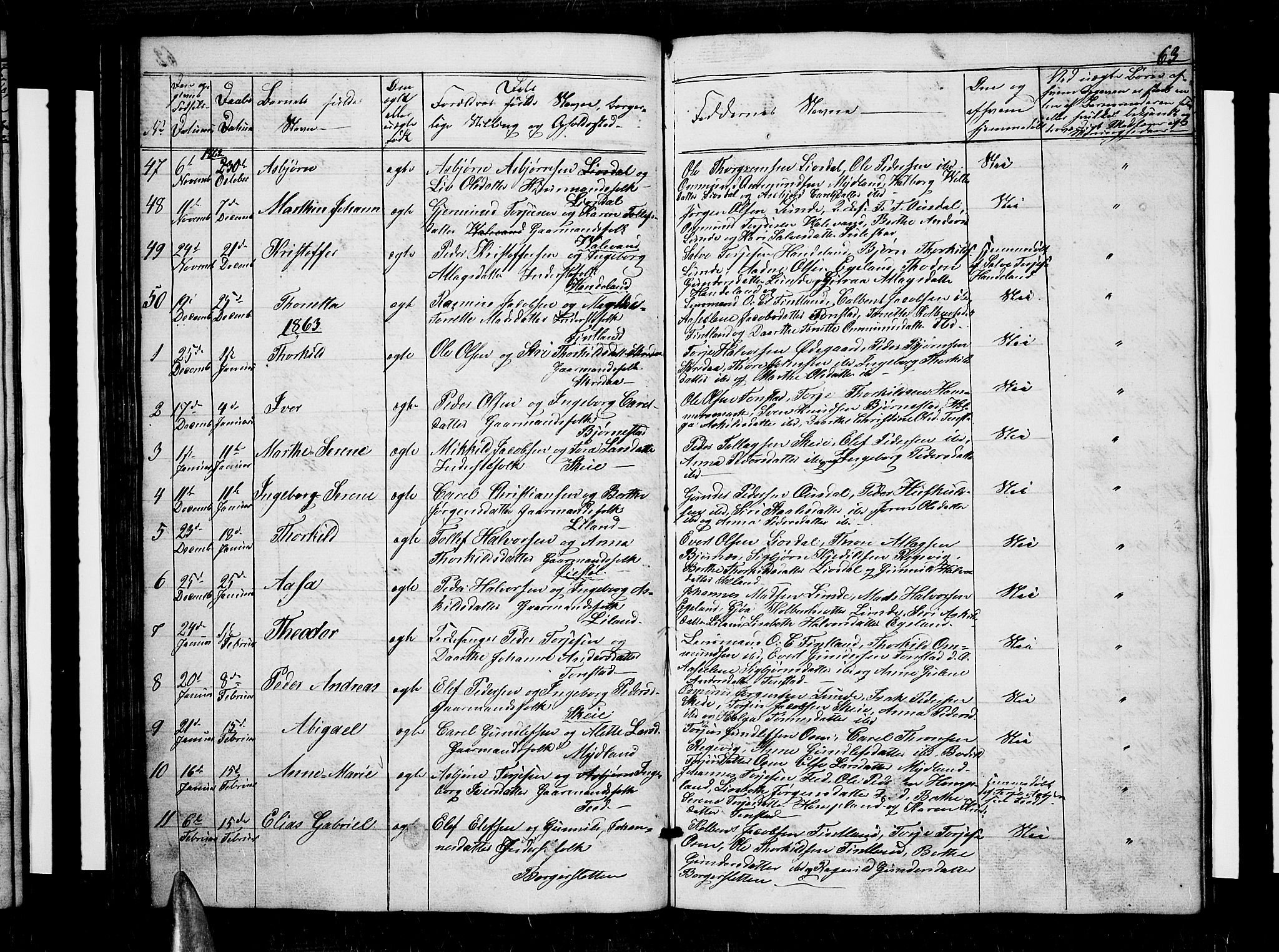 Sirdal sokneprestkontor, SAK/1111-0036/F/Fb/Fbb/L0002: Parish register (copy) no. B 2, 1848-1878, p. 63
