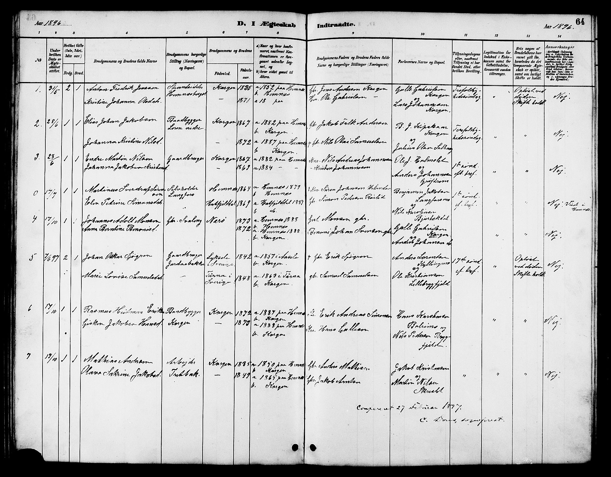 Ministerialprotokoller, klokkerbøker og fødselsregistre - Nordland, AV/SAT-A-1459/826/L0383: Parish register (copy) no. 826C03, 1887-1896, p. 64