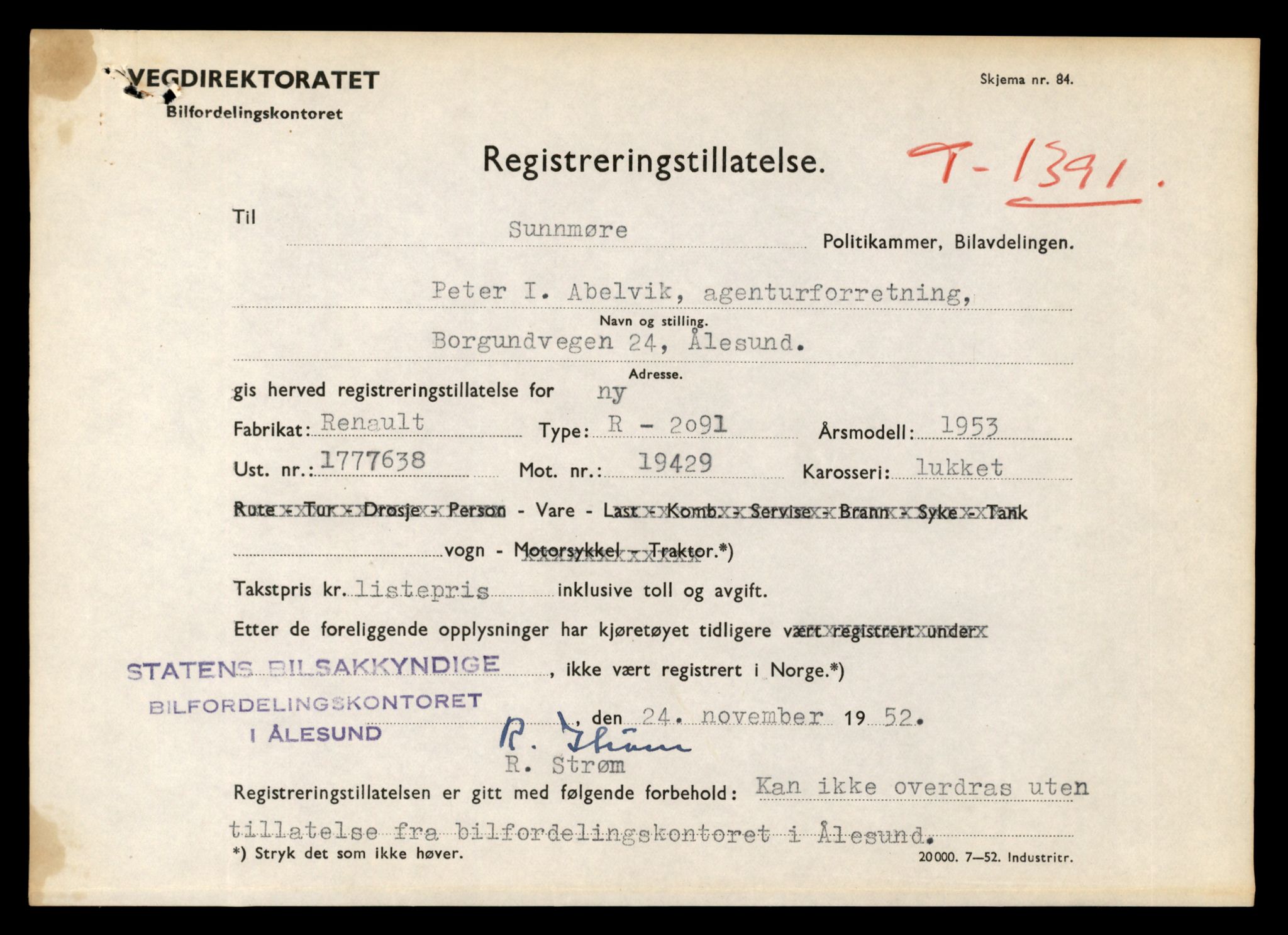 Møre og Romsdal vegkontor - Ålesund trafikkstasjon, SAT/A-4099/F/Fe/L0012: Registreringskort for kjøretøy T 1290 - T 1450, 1927-1998, p. 2232