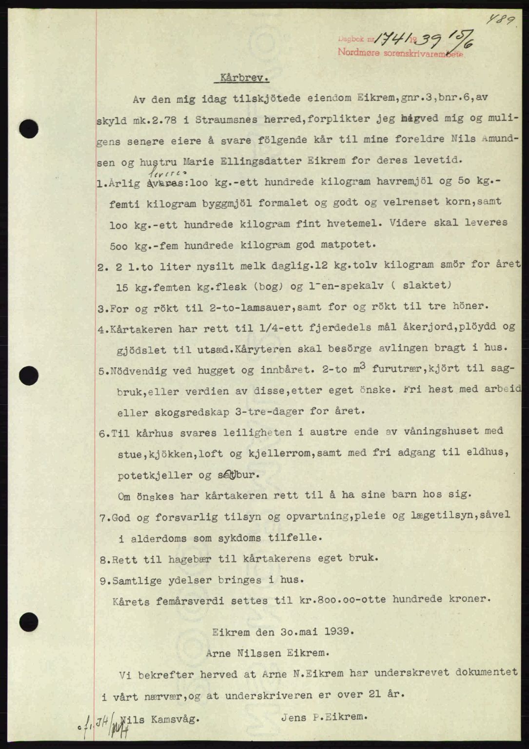 Nordmøre sorenskriveri, AV/SAT-A-4132/1/2/2Ca: Mortgage book no. B85, 1939-1939, Diary no: : 1741/1939