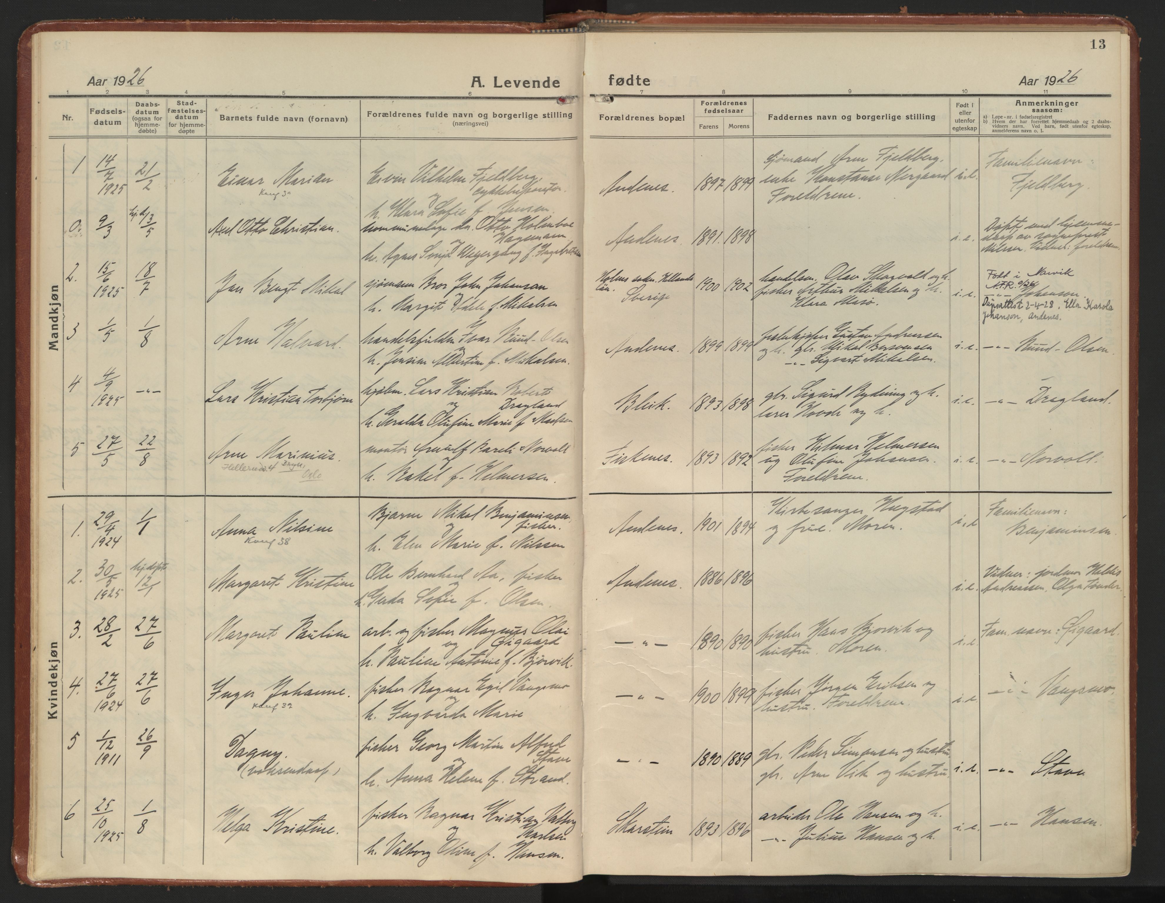 Ministerialprotokoller, klokkerbøker og fødselsregistre - Nordland, SAT/A-1459/899/L1441: Parish register (official) no. 899A09, 1923-1939, p. 13