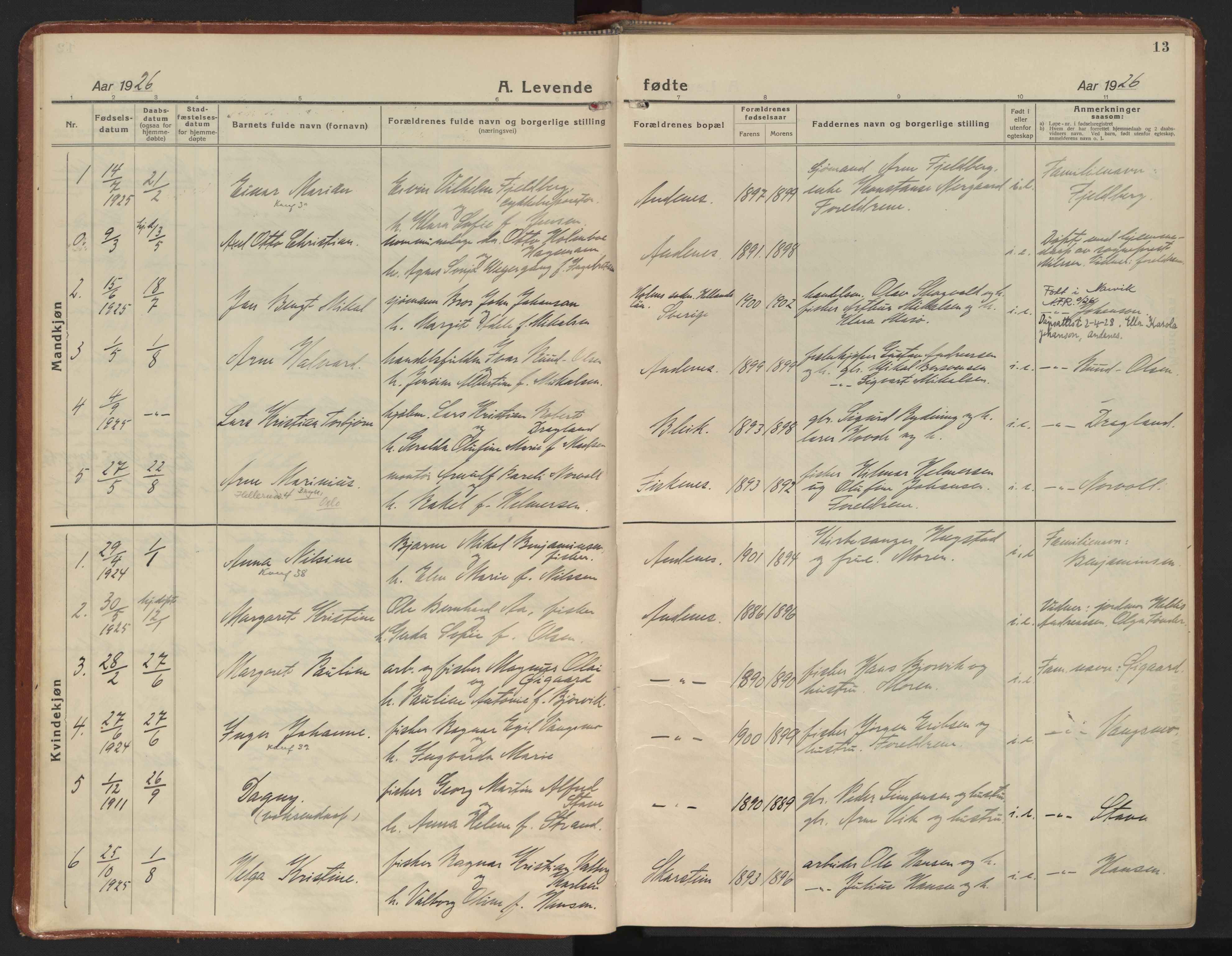 Ministerialprotokoller, klokkerbøker og fødselsregistre - Nordland, AV/SAT-A-1459/899/L1441: Parish register (official) no. 899A09, 1923-1939, p. 13