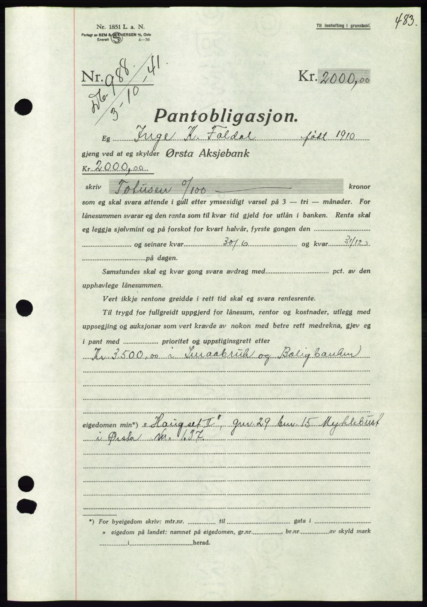 Søre Sunnmøre sorenskriveri, AV/SAT-A-4122/1/2/2C/L0071: Mortgage book no. 65, 1941-1941, Diary no: : 988/1941