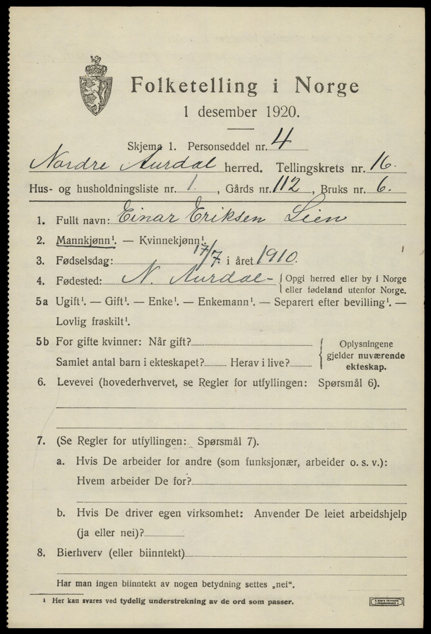 SAH, 1920 census for Nord-Aurdal, 1920, p. 11742