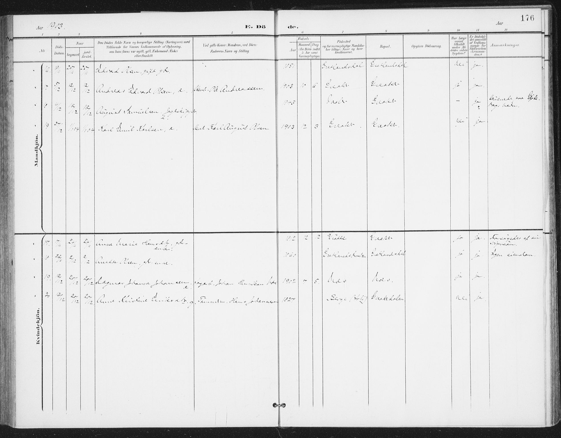 Rolvsøy prestekontor Kirkebøker, AV/SAO-A-2004/F/Fa/L0001: Parish register (official) no. 1, 1901-1909, p. 176