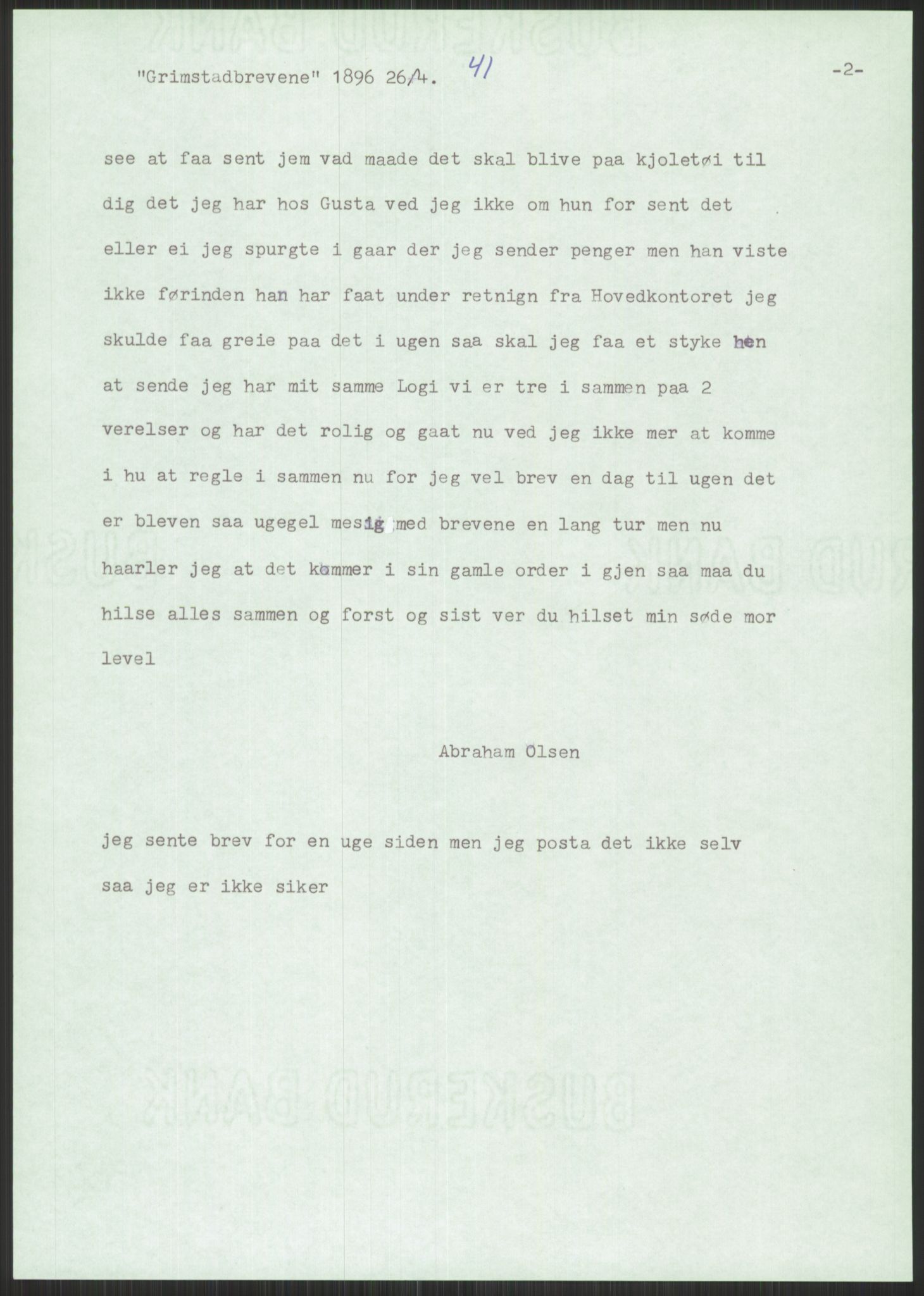 Samlinger til kildeutgivelse, Amerikabrevene, RA/EA-4057/F/L0025: Innlån fra Aust-Agder: Aust-Agder-Arkivet, Grimstadbrevene, 1838-1914, p. 429