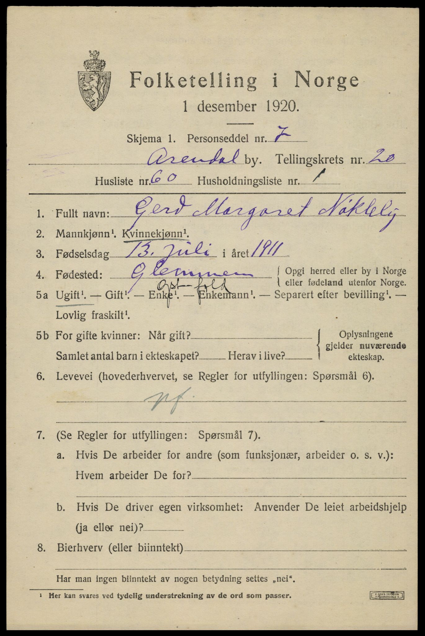 SAK, 1920 census for Arendal, 1920, p. 27504