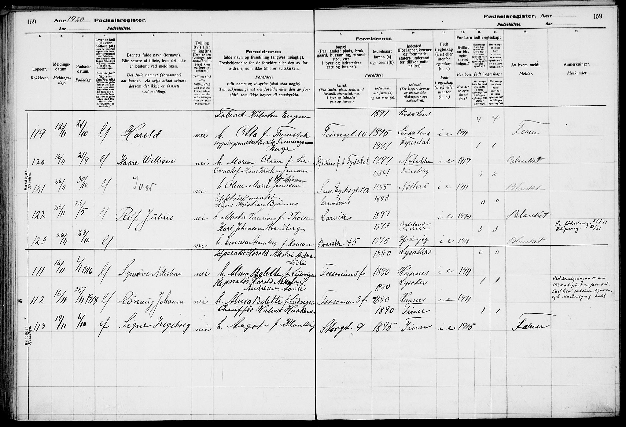 Rjukan kirkebøker, AV/SAKO-A-294/J/Ja/L0001: Birth register no. 1, 1916-1922, p. 159