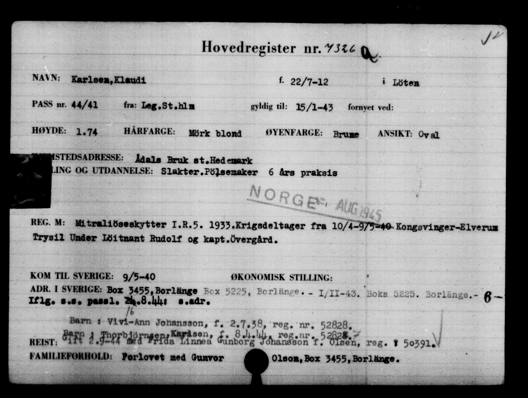 Utenriksstasjonene, Legasjonen i Stockholm, Flyktningkontoret, AV/RA-S-6753/V/Va/L0005: Kjesäterkartoteket, flyktninger med registreringsnr. 6600-9417, 1940-1945, p. 858