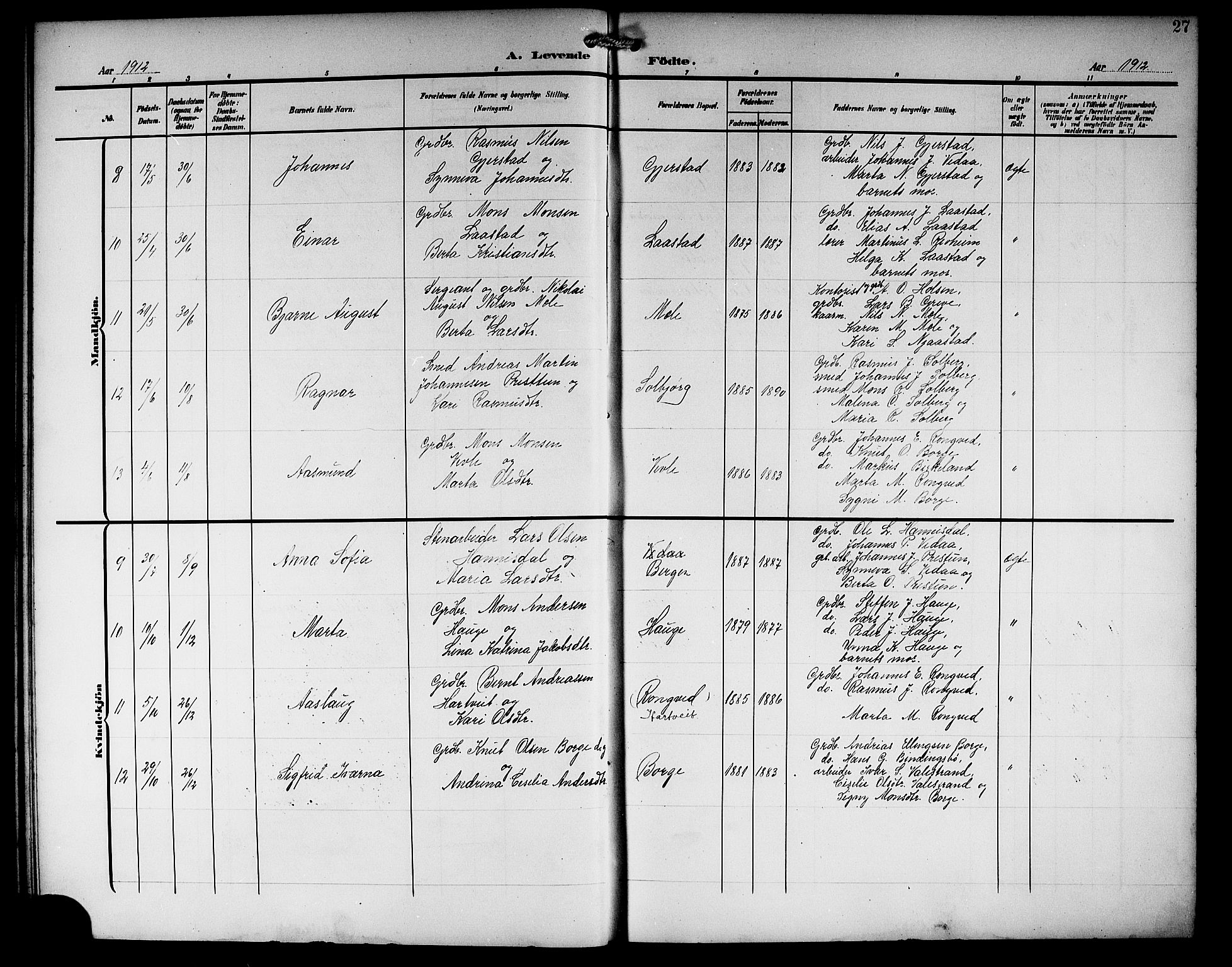 Haus sokneprestembete, AV/SAB-A-75601/H/Hab: Parish register (copy) no. C 4, 1907-1922, p. 27