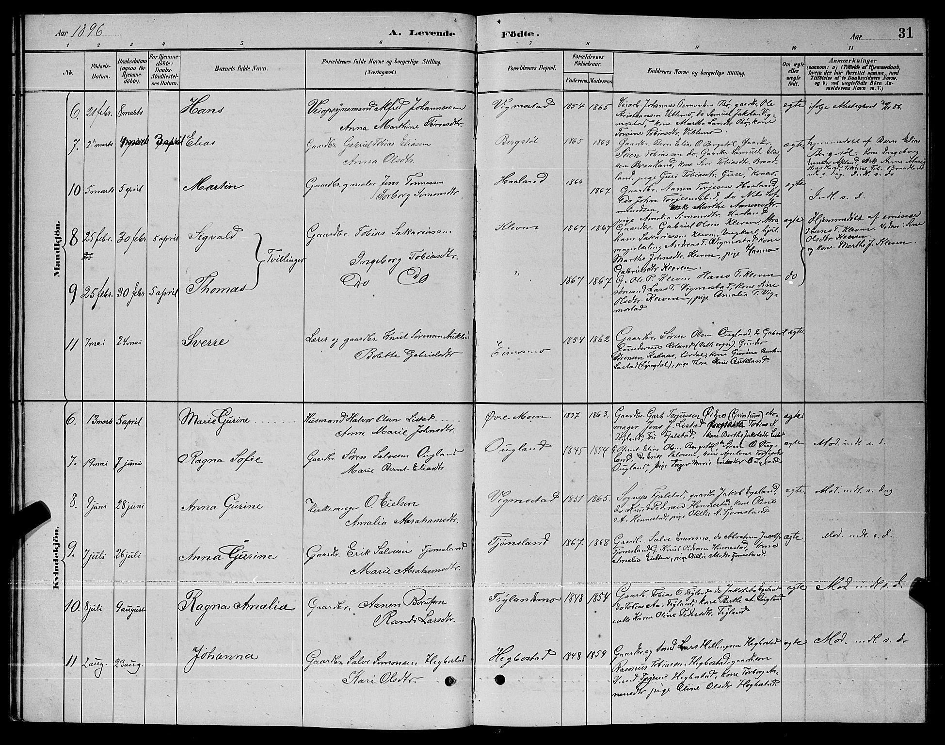 Nord-Audnedal sokneprestkontor, AV/SAK-1111-0032/F/Fb/Fbb/L0003: Parish register (copy) no. B 3, 1882-1900, p. 31