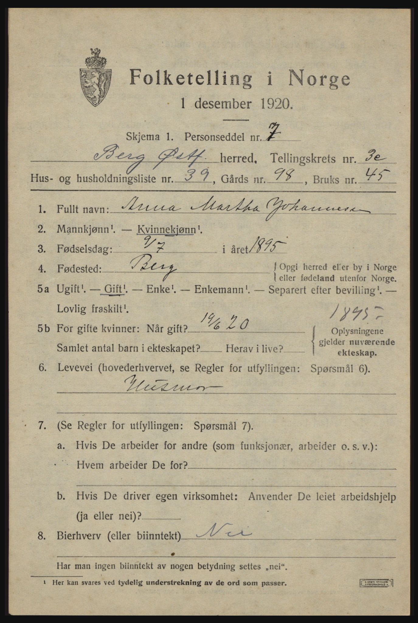 SAO, 1920 census for Berg, 1920, p. 7599