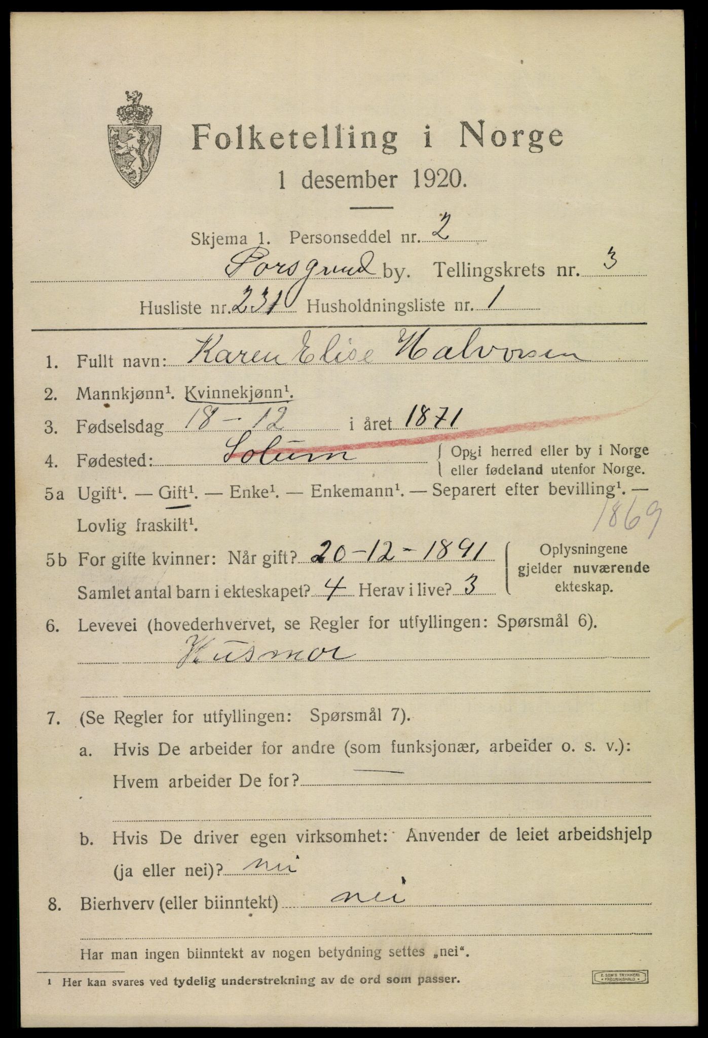 SAKO, 1920 census for Porsgrunn, 1920, p. 17351