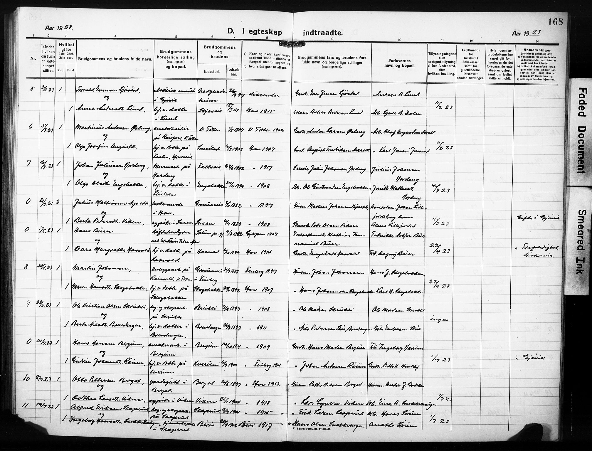 Søndre Land prestekontor, AV/SAH-PREST-122/L/L0007: Parish register (copy) no. 7, 1915-1932, p. 168