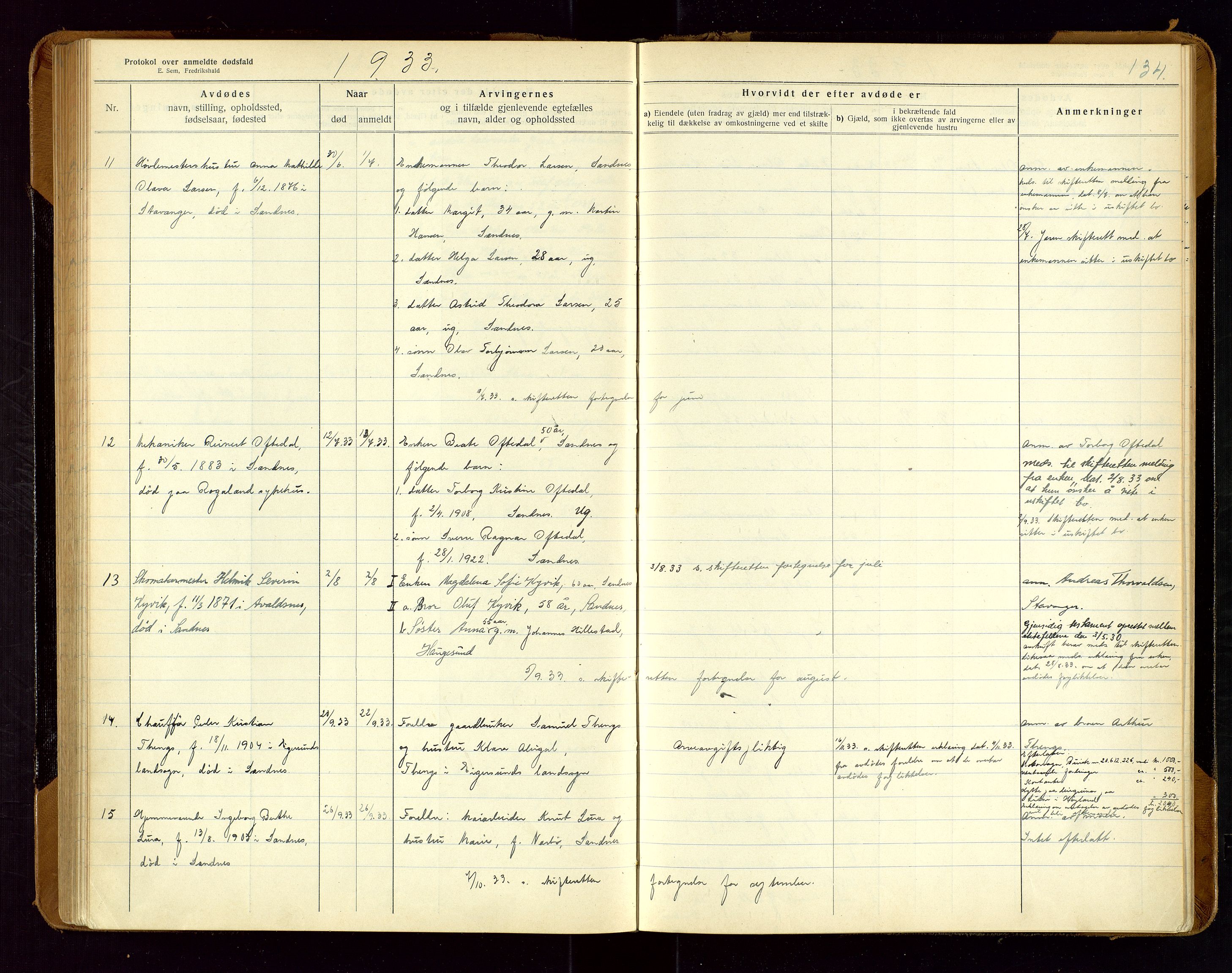 Sandnes lensmannskontor, AV/SAST-A-100167/Gga/L0001: "Protokol over anmeldte dødsfald" m/register, 1918-1940, p. 134