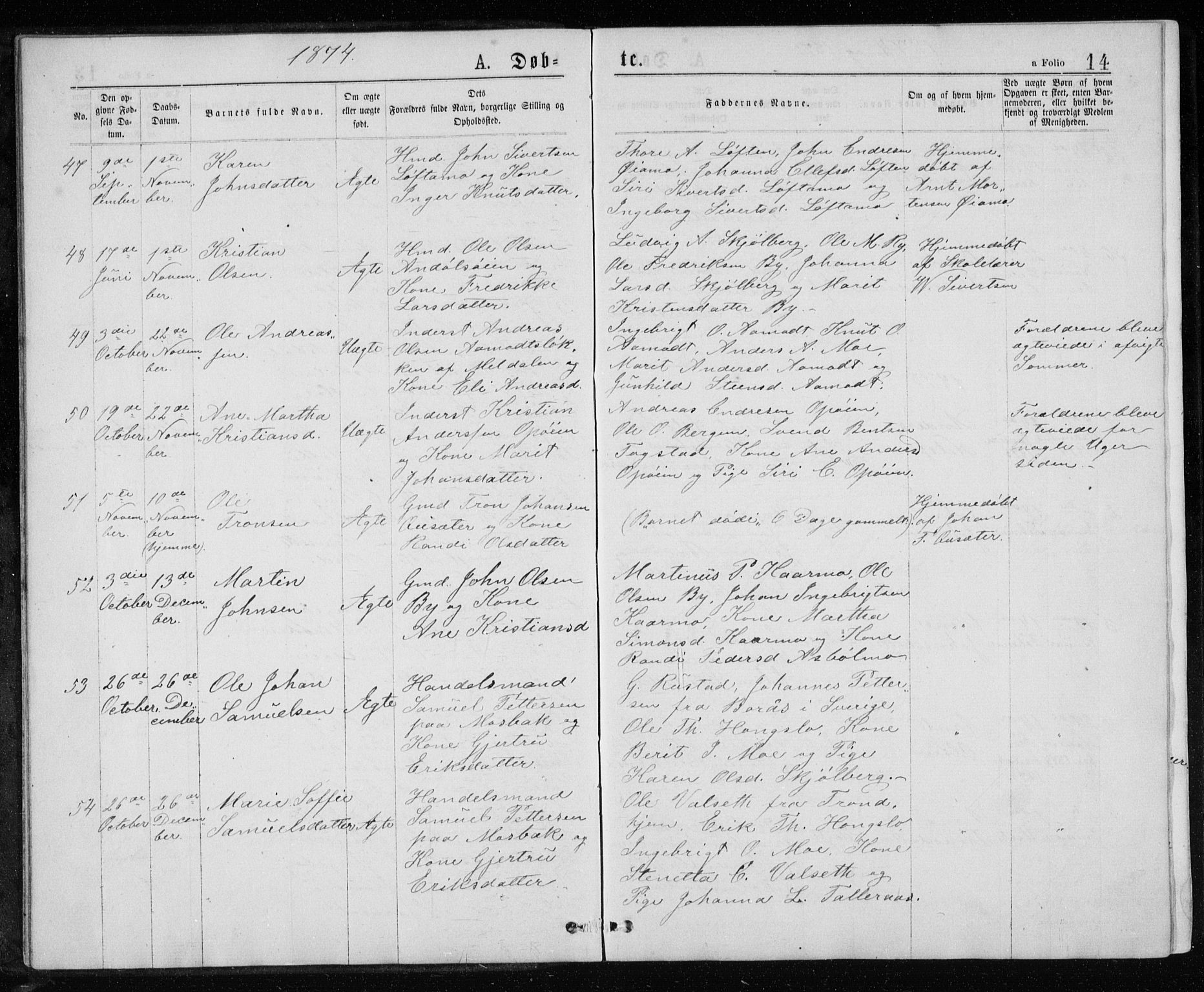 Ministerialprotokoller, klokkerbøker og fødselsregistre - Sør-Trøndelag, SAT/A-1456/671/L0843: Parish register (copy) no. 671C02, 1873-1892, p. 14