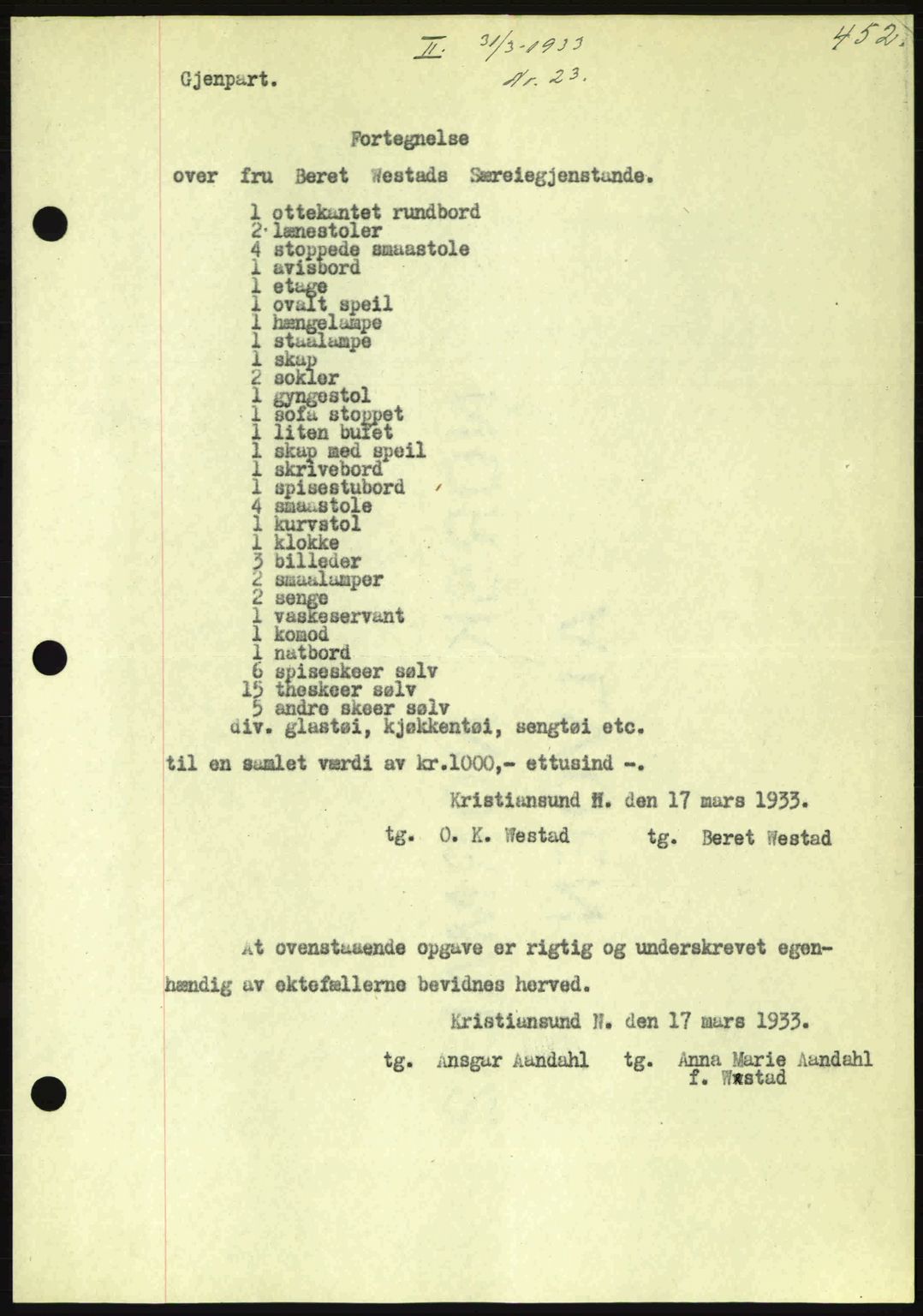Kristiansund byfogd, AV/SAT-A-4587/A/27: Mortgage book no. 26, 1931-1933, Deed date: 31.03.1933