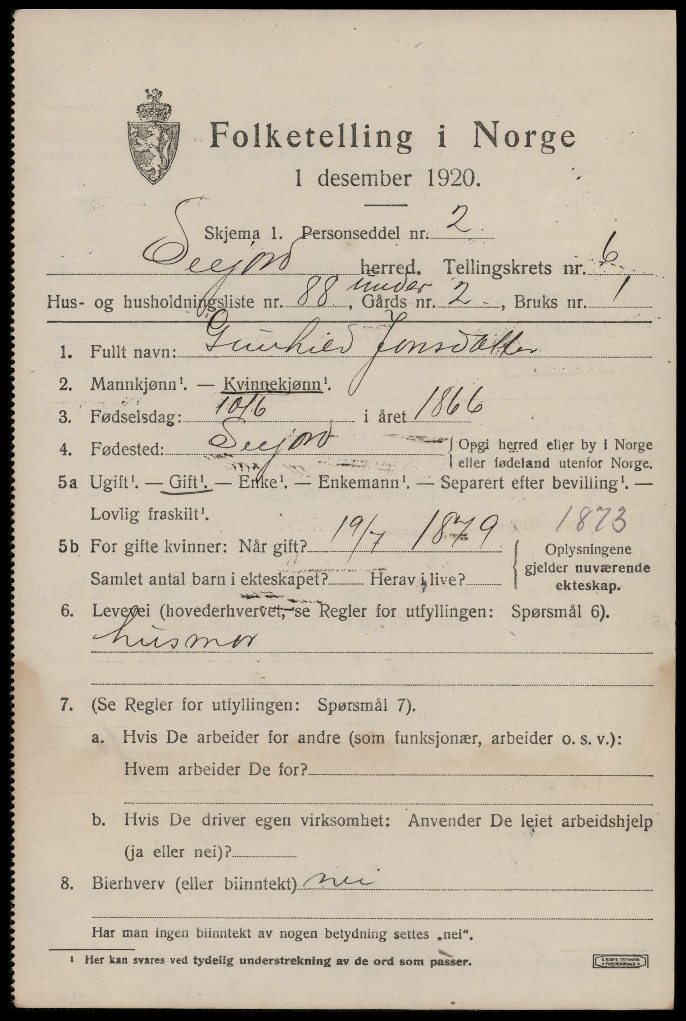 SAKO, 1920 census for Seljord, 1920, p. 3676