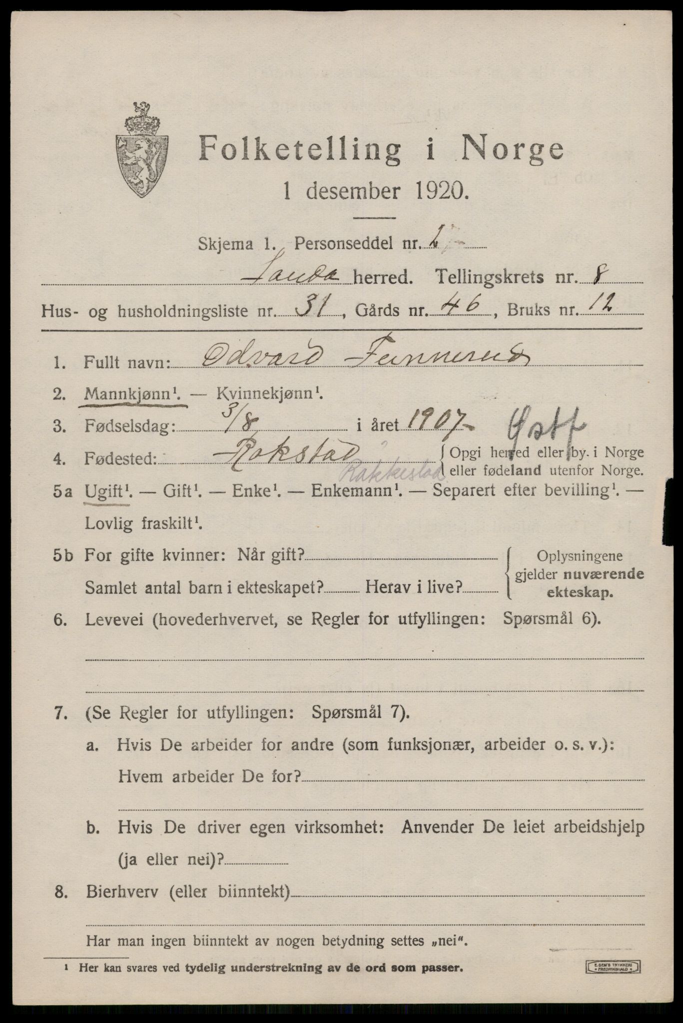 SAST, 1920 census for Sauda, 1920, p. 5272