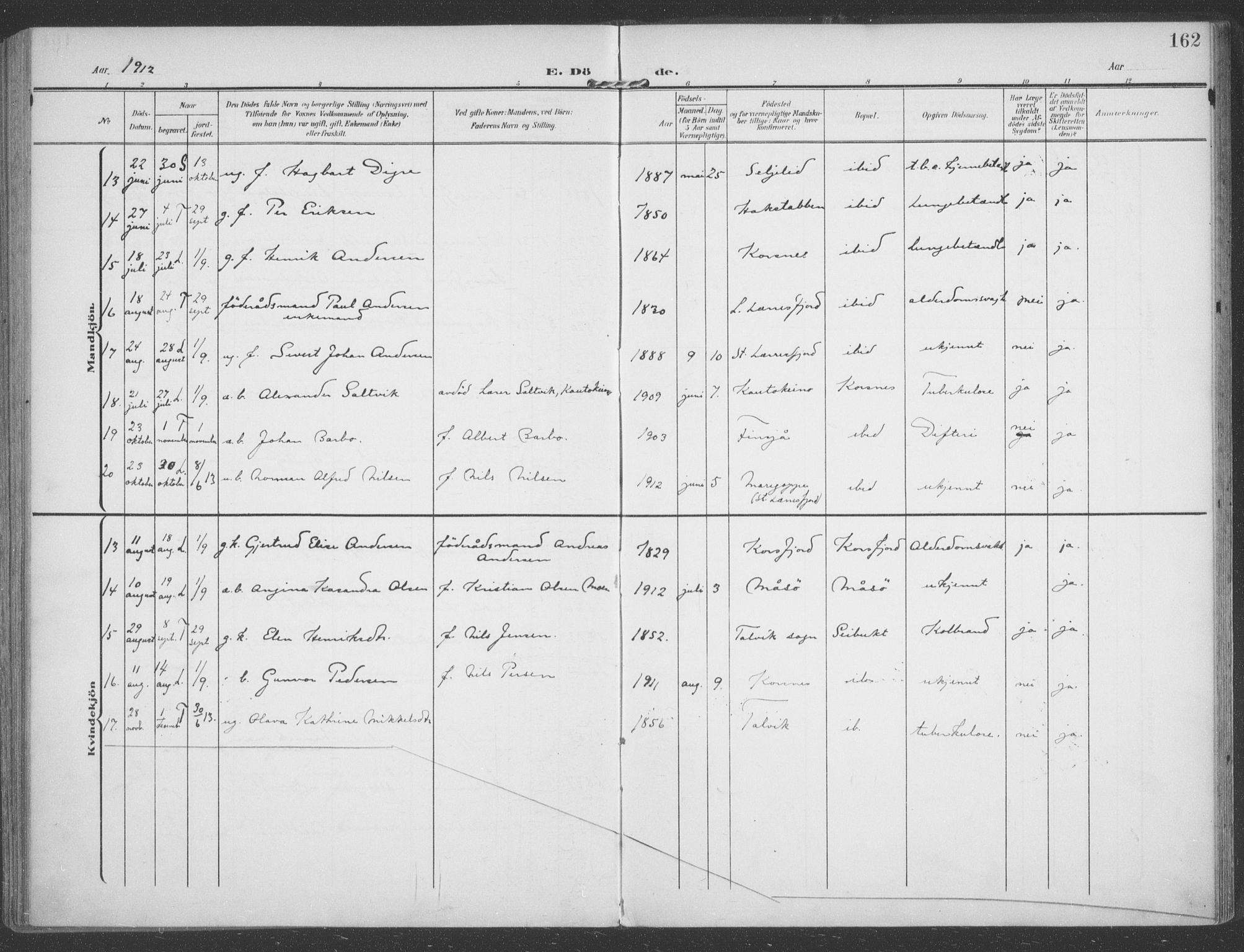 Talvik sokneprestkontor, SATØ/S-1337/H/Ha/L0017kirke: Parish register (official) no. 17, 1906-1915, p. 162