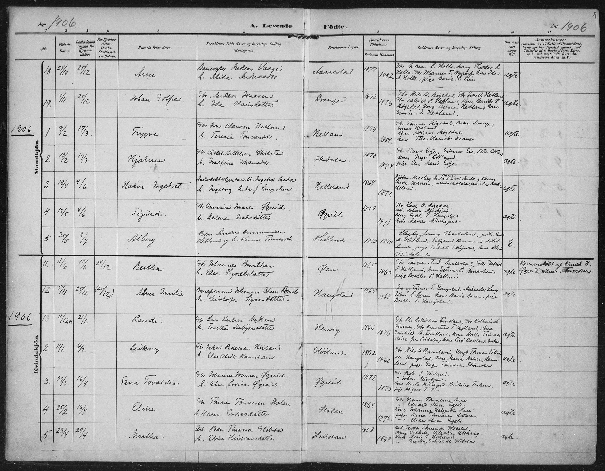 Helleland sokneprestkontor, SAST/A-101810: Parish register (official) no. A 12, 1906-1923, p. 4
