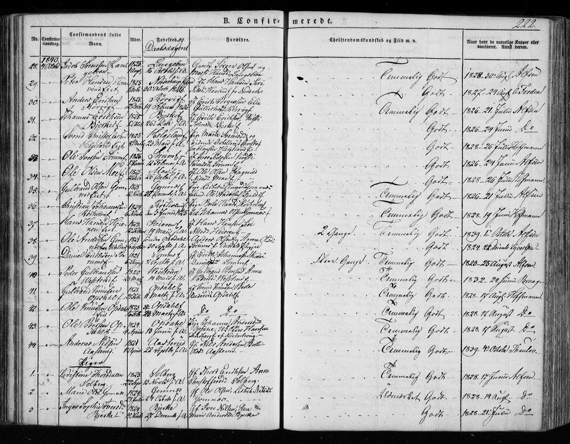 Hole kirkebøker, SAKO/A-228/F/Fa/L0005: Parish register (official) no. I 5, 1833-1851, p. 222