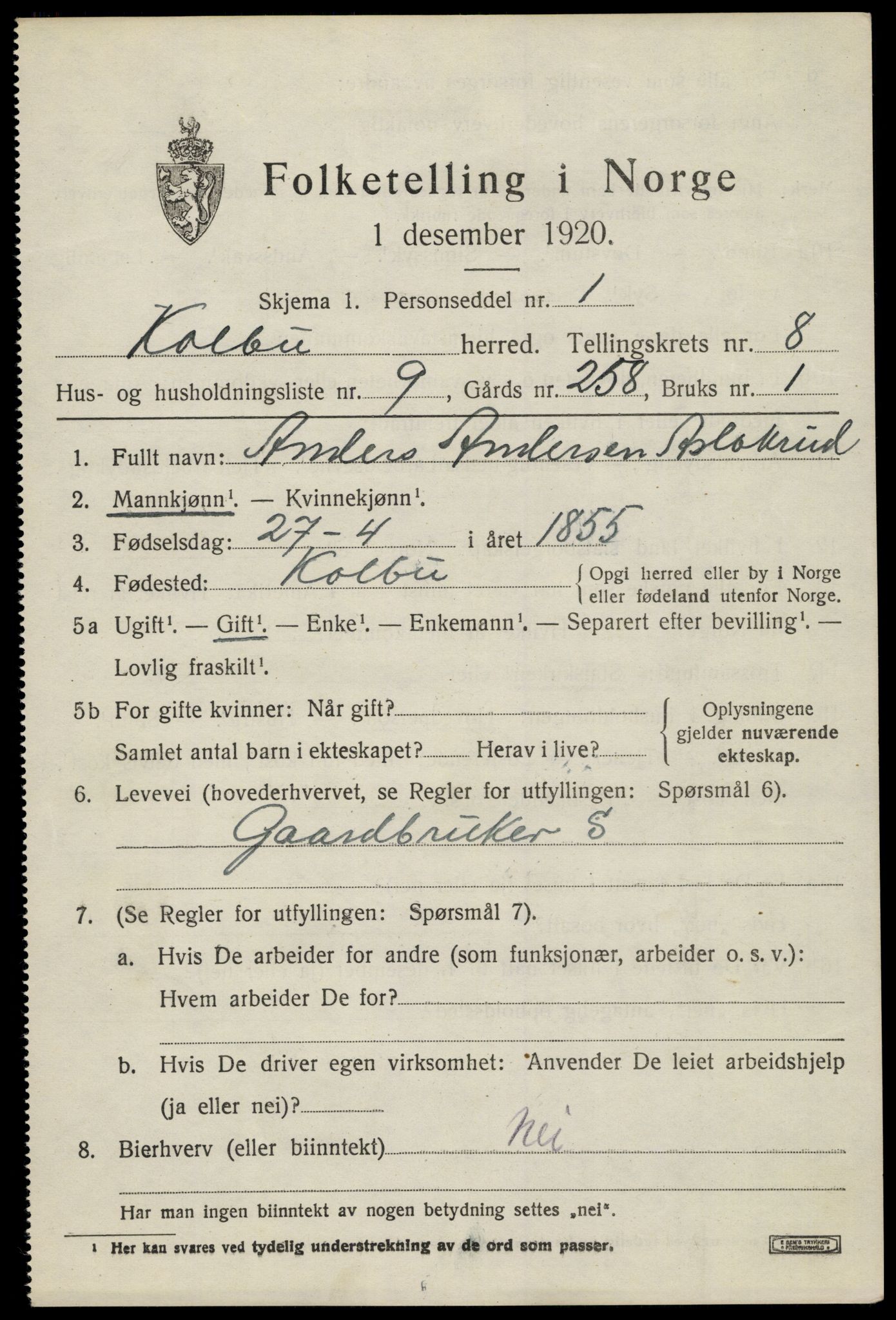 SAH, 1920 census for Kolbu, 1920, p. 5674